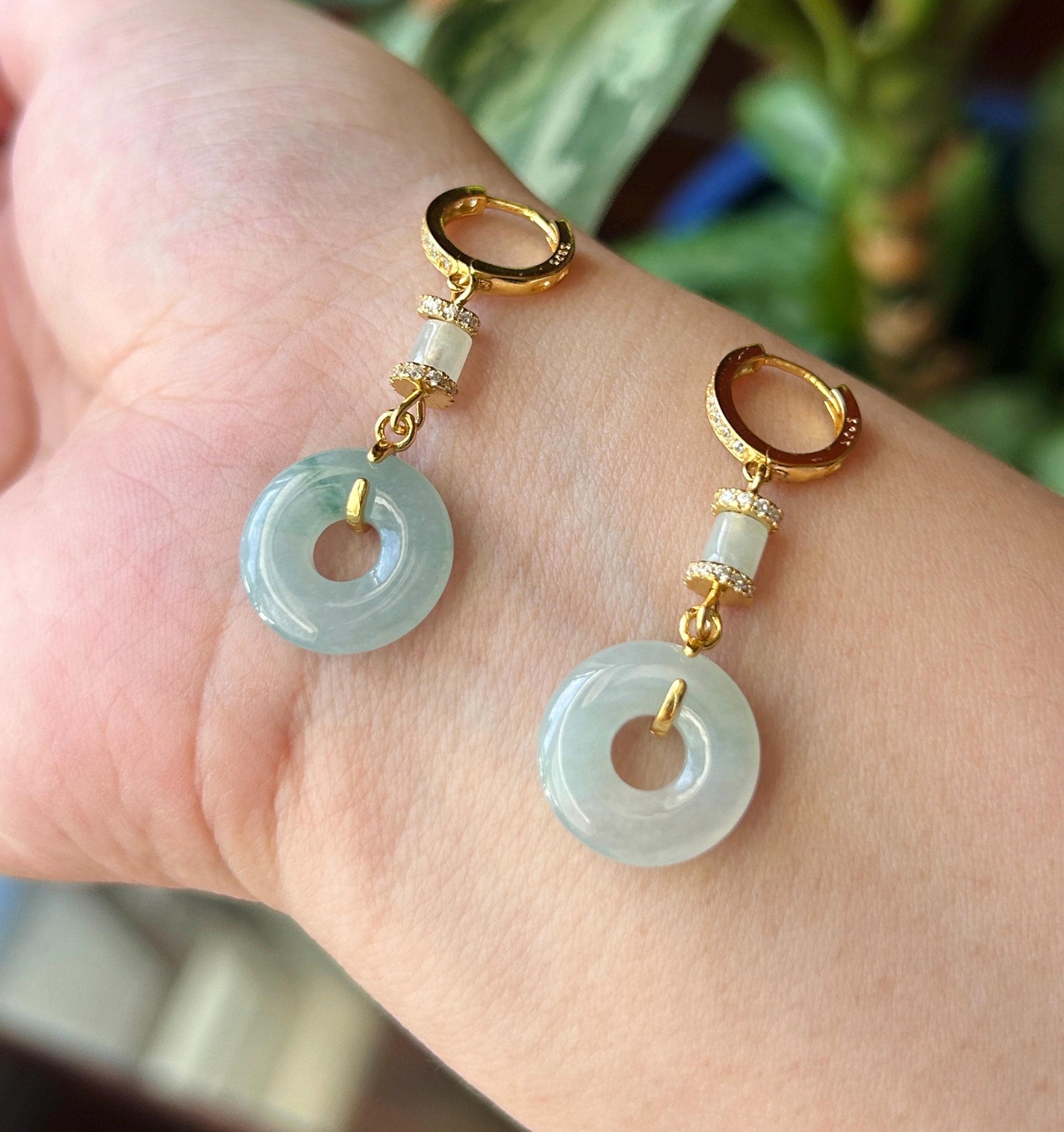 Natural Jadeite Lucky Donut Earrings: Burmese Type A Untreated Icy Glutinous Icy Pale Blue Jade, Sterling Silver, 18k Vermeil