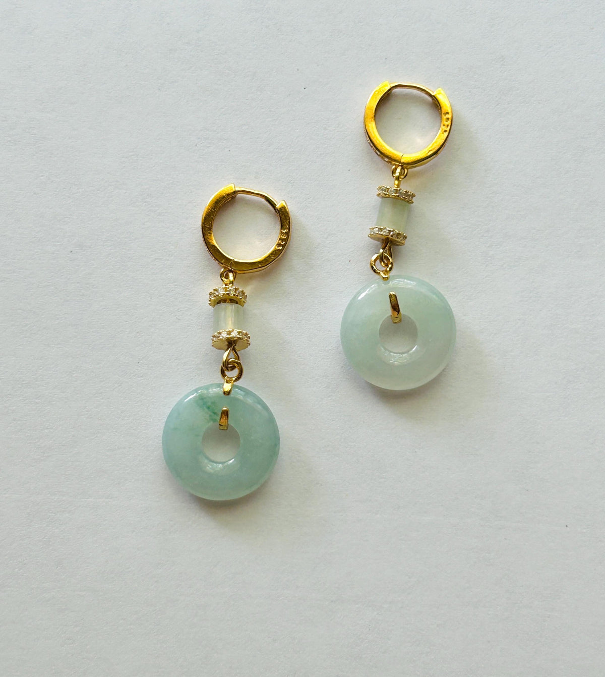 Natural Jadeite Lucky Donut Earrings: Burmese Type A Untreated Icy Glutinous Icy Pale Blue Jade, Sterling Silver, 18k Vermeil
