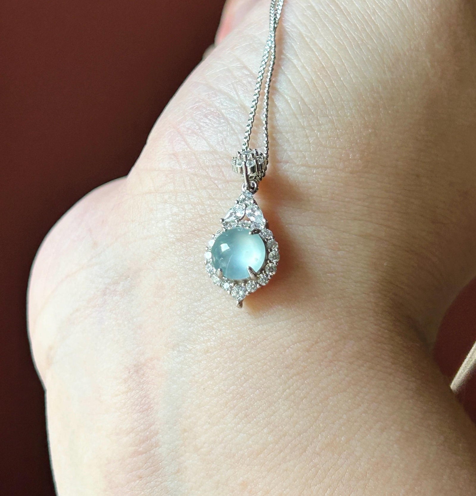 Natural Jadeite Cabochon Pendant Guatemalan Type A Highly Translucent High Icy Blue Jade, Sterling Silver
