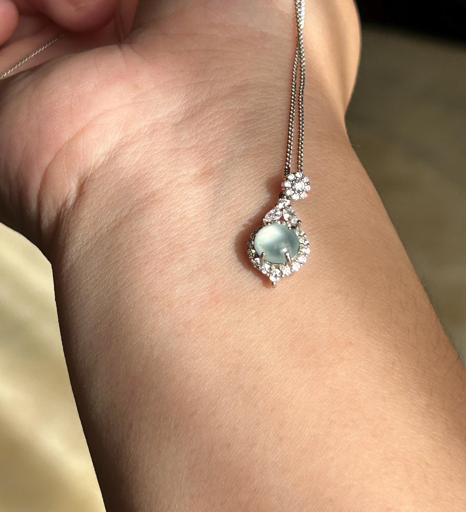 Natural Jadeite Cabochon Pendant Guatemalan Type A Highly Translucent High Icy Blue Jade, Sterling Silver