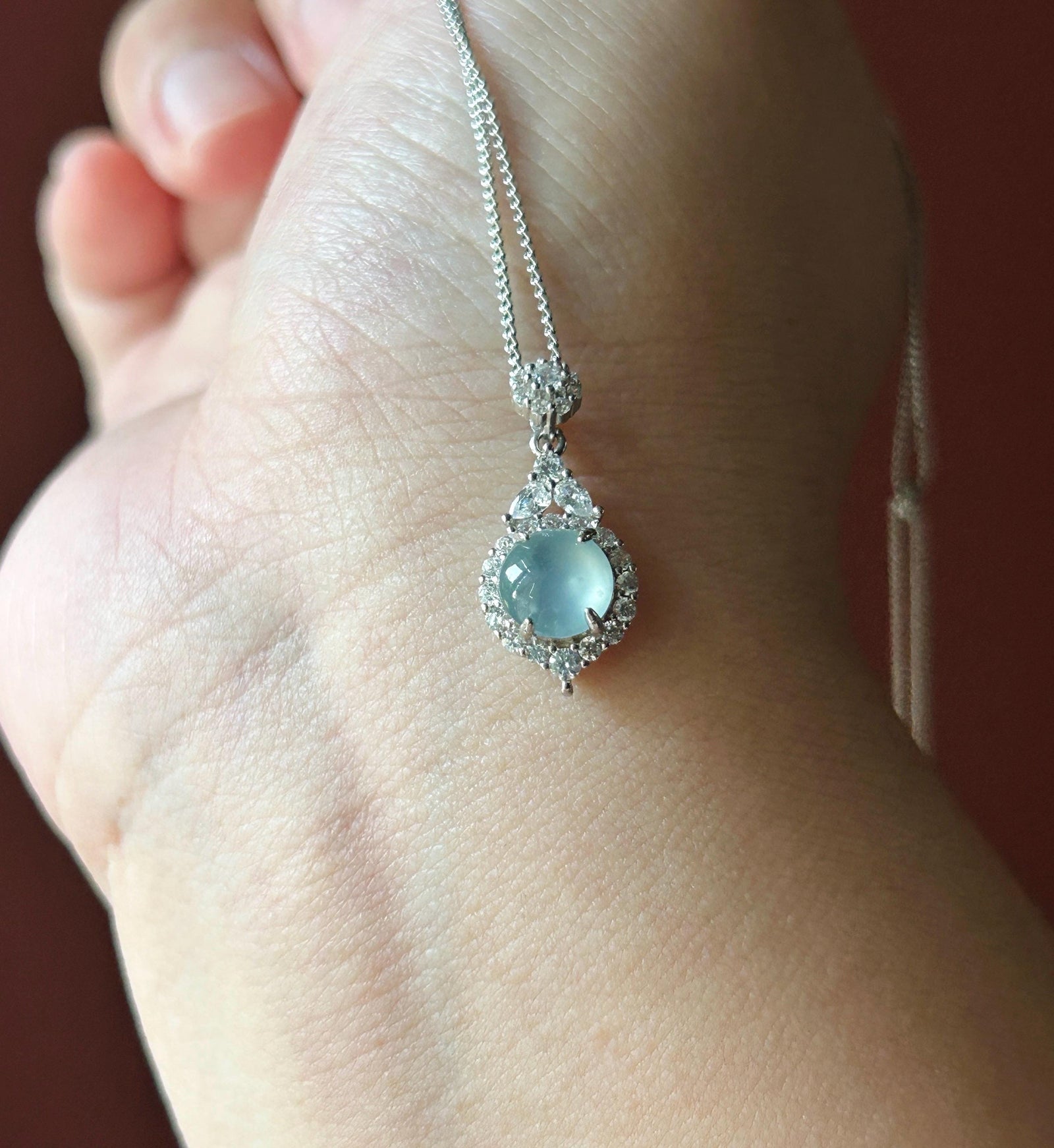 Natural Jadeite Cabochon Pendant Guatemalan Type A Highly Translucent High Icy Blue Jade, Sterling Silver