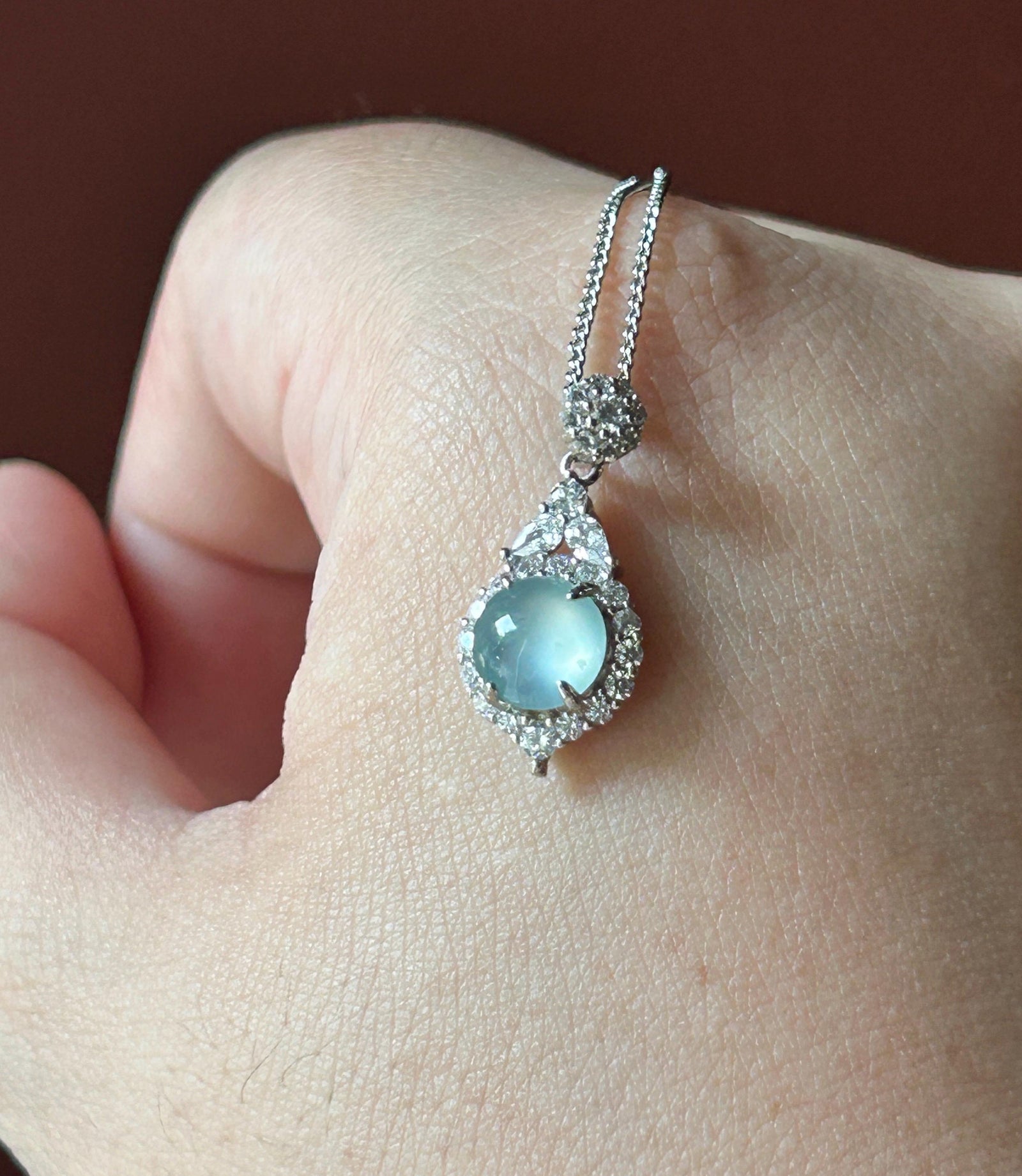 Natural Jadeite Cabochon Pendant Guatemalan Type A Highly Translucent High Icy Blue Jade, Sterling Silver