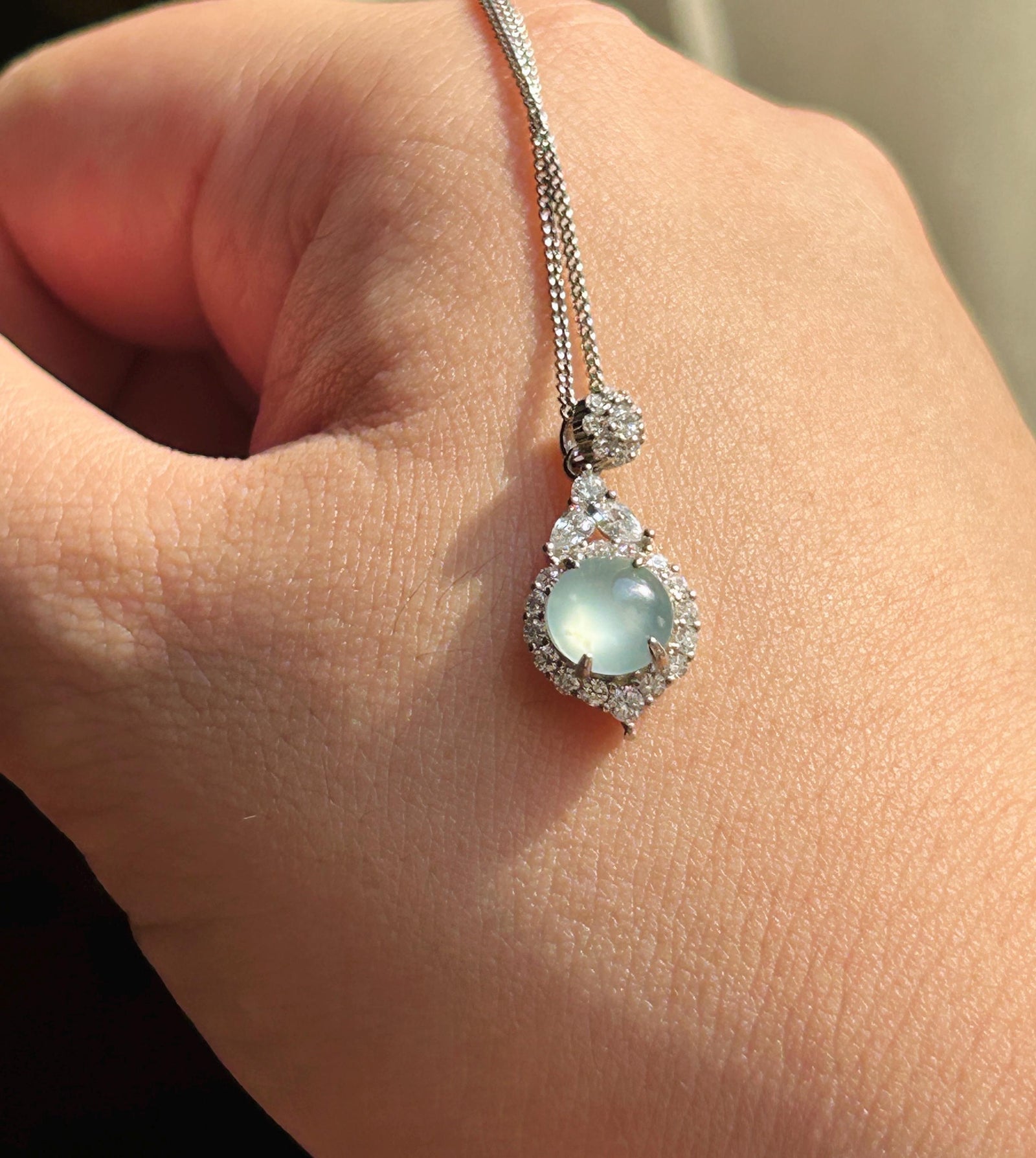 Natural Jadeite Cabochon Pendant Guatemalan Type A Highly Translucent High Icy Blue Jade, Sterling Silver