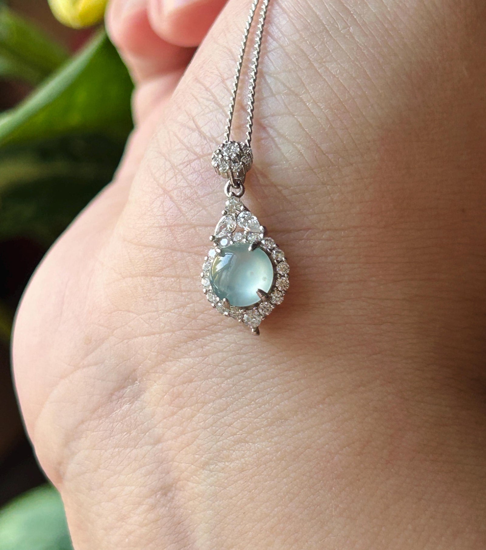 Natural Jadeite Cabochon Pendant Guatemalan Type A Highly Translucent High Icy Blue Jade, Sterling Silver