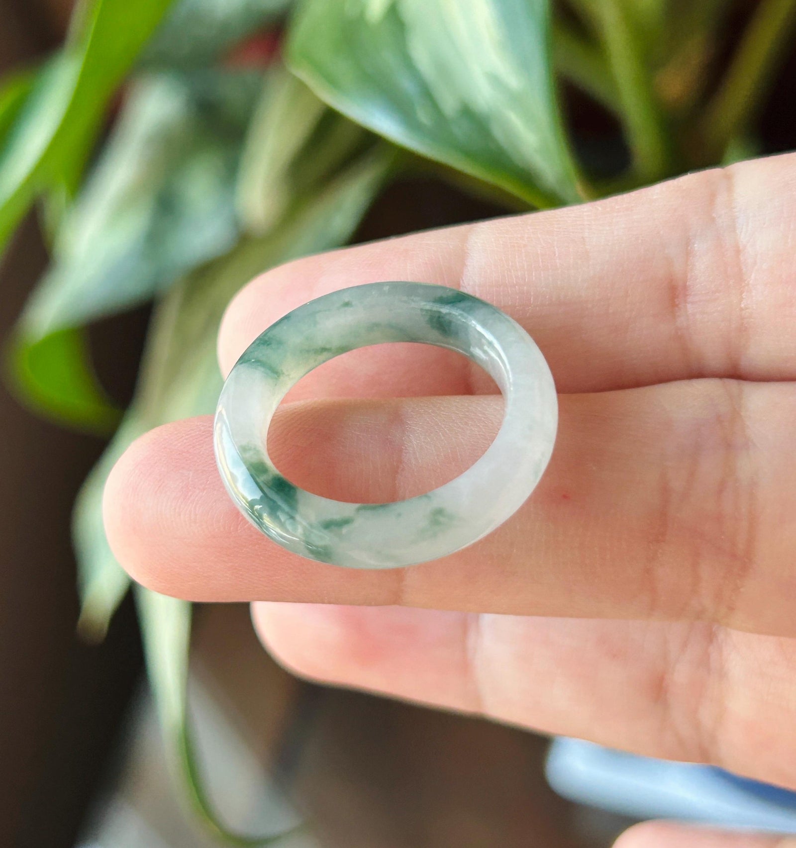 Natural Jadeite Band Ring | Burmese Type A Translucent Icy Glutinous White Base Dark Green Floral Jade |Moss in Snow Jade| US 8 - 18.2mm
