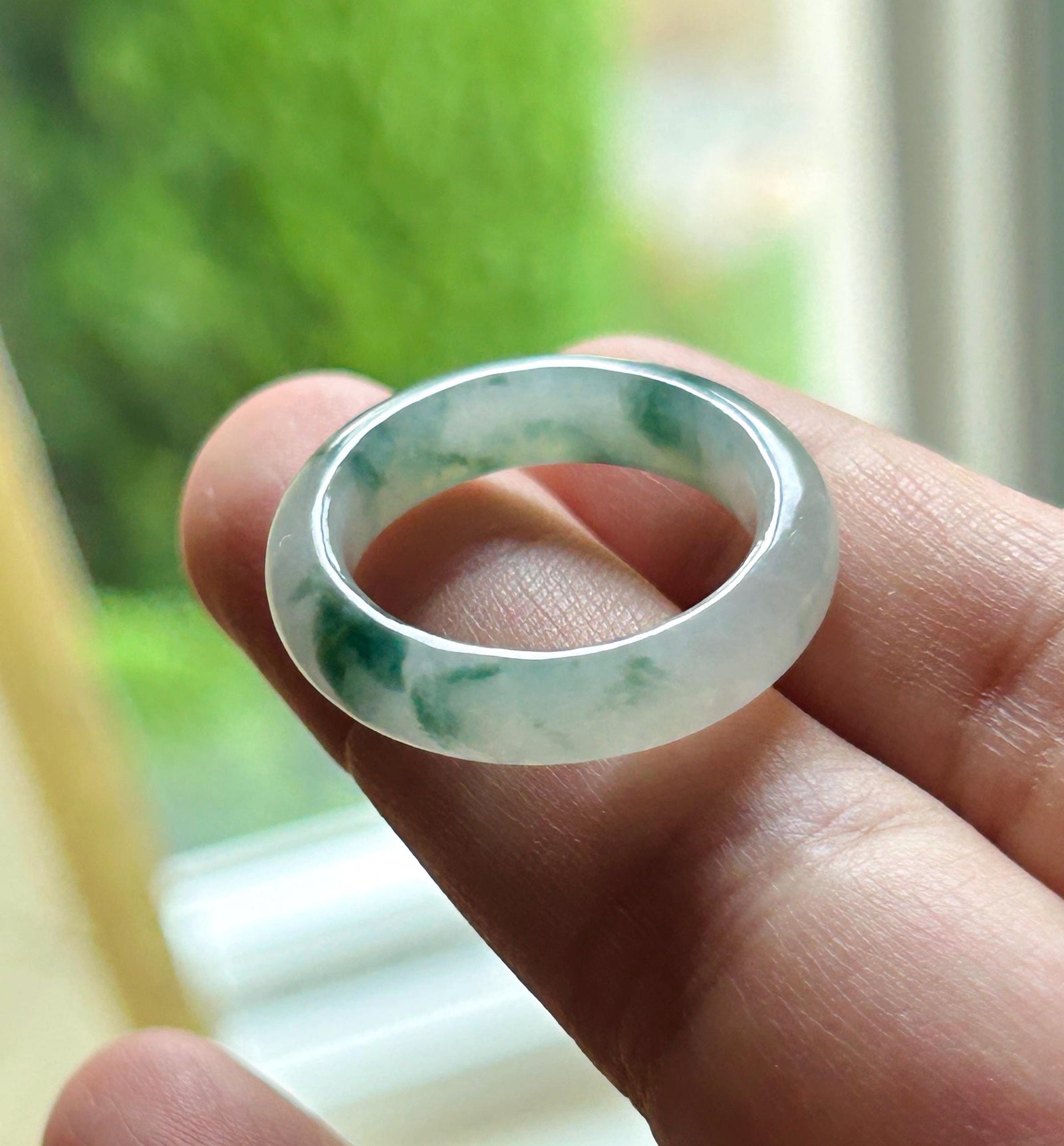 Natural Jadeite Band Ring | Burmese Type A Translucent Icy Glutinous White Base Dark Green Floral Jade |Moss in Snow Jade| US 8 - 18.2mm