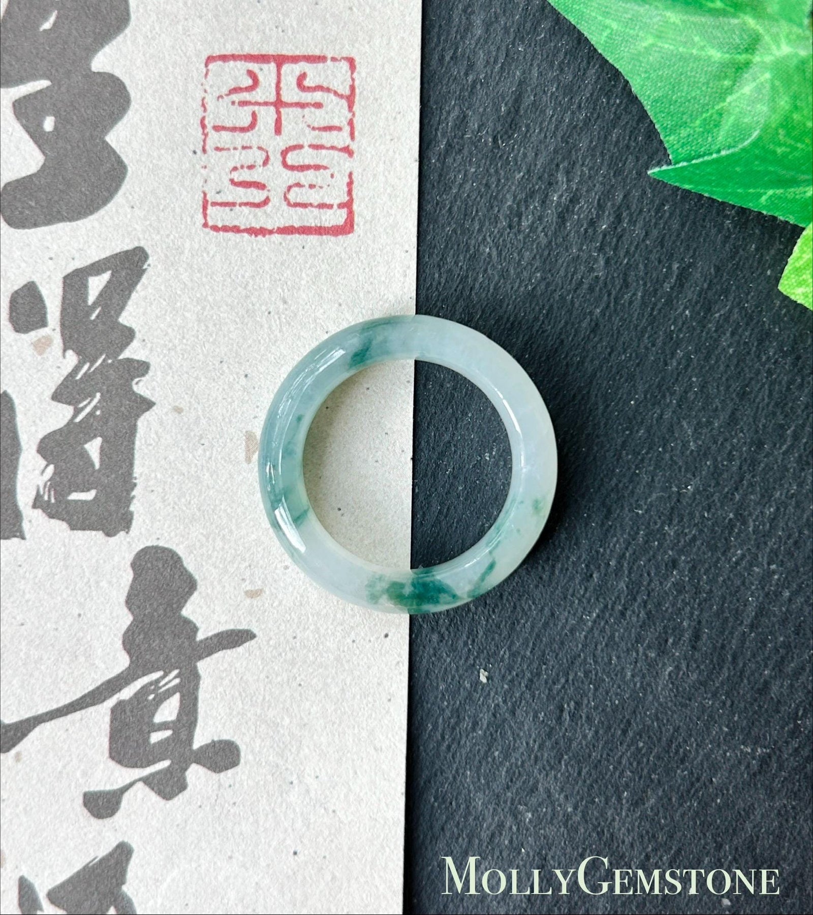 Natural Jadeite Band Ring | Burmese Type A Translucent Icy Glutinous White Base Dark Green Floral Jade |Moss in Snow Jade| US 8 - 18.2mm