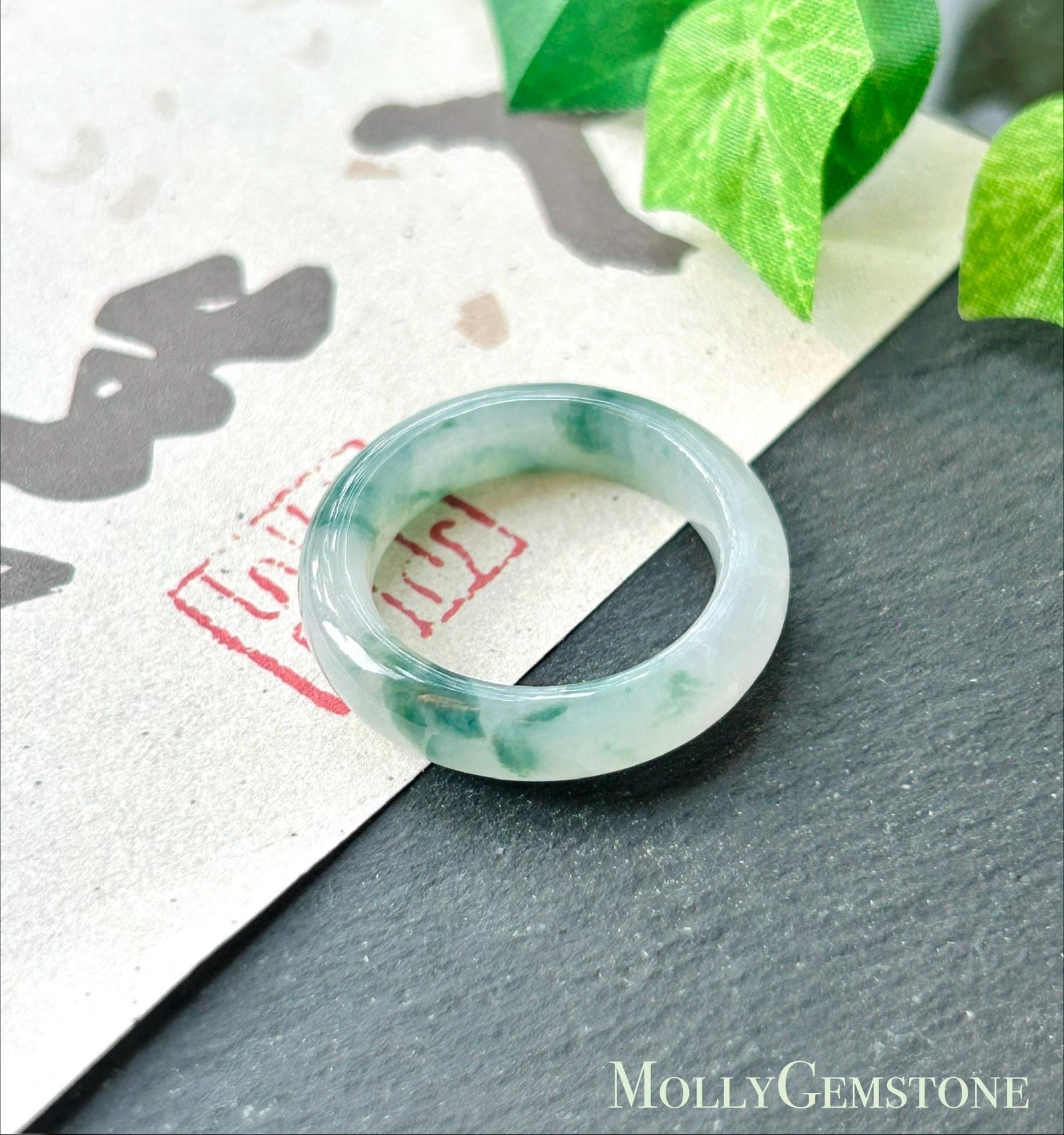 Natural Jadeite Band Ring | Burmese Type A Translucent Icy Glutinous White Base Dark Green Floral Jade |Moss in Snow Jade| US 8 - 18.2mm