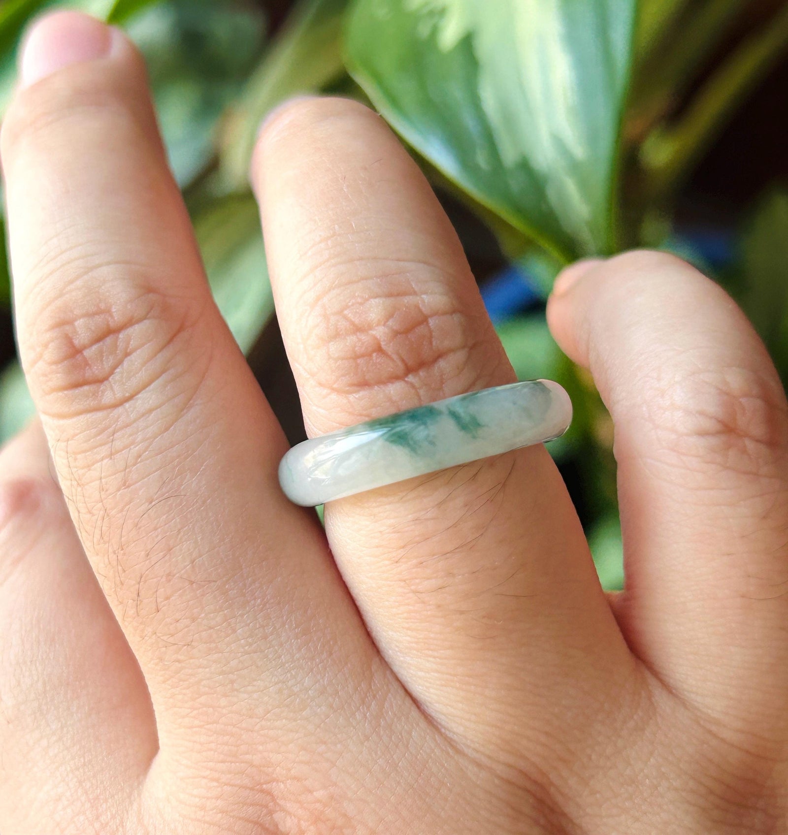 Natural Jadeite Band Ring | Burmese Type A Translucent Icy Glutinous White Base Dark Green Floral Jade |Moss in Snow Jade| US 8 - 18.2mm