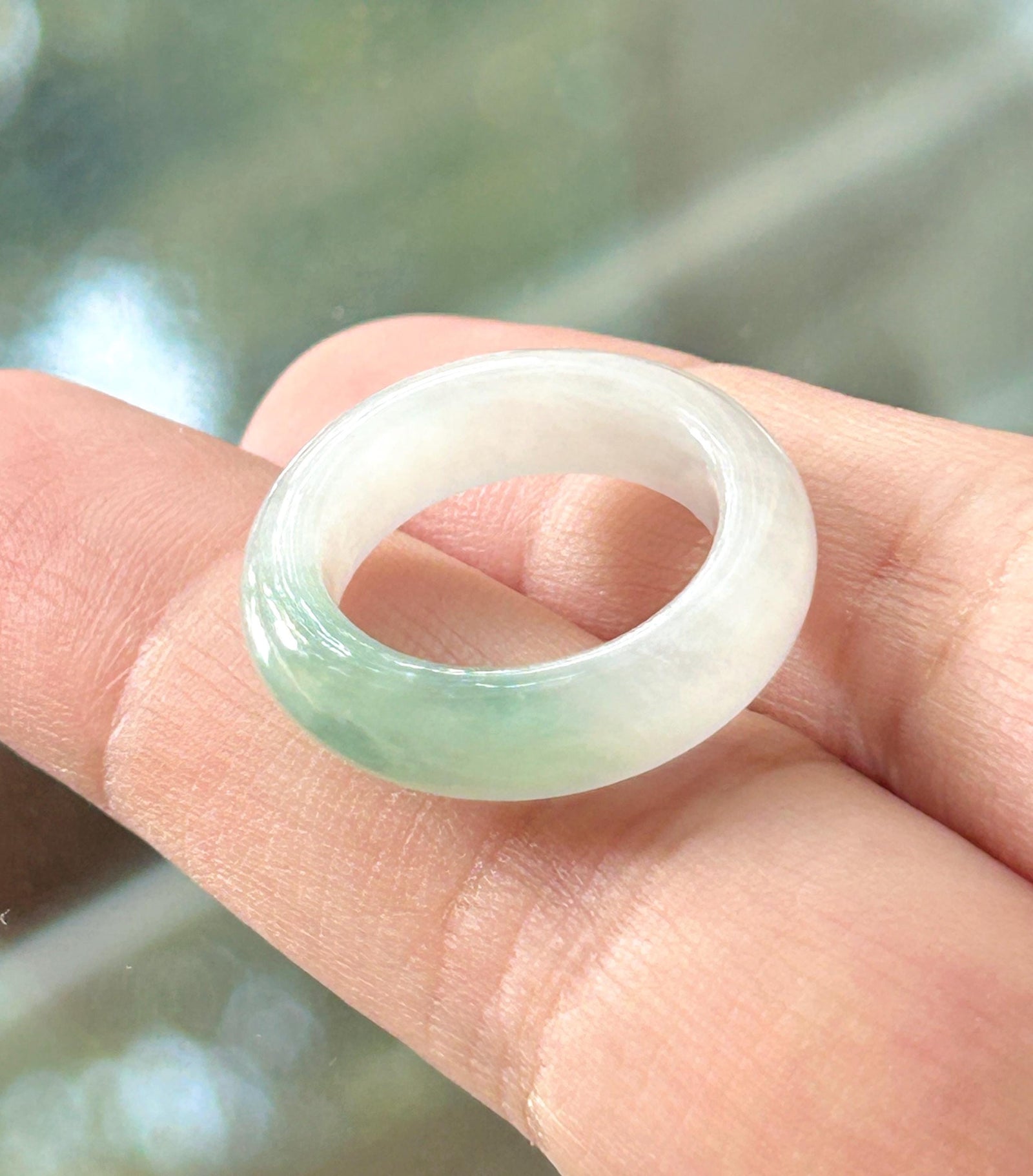 Natural Jadeite Band Ring | Burmese Type A Translucent Icy Glutinous Half Water-Mountain White & Mint Green Jade| US 4.25 - 15 mm