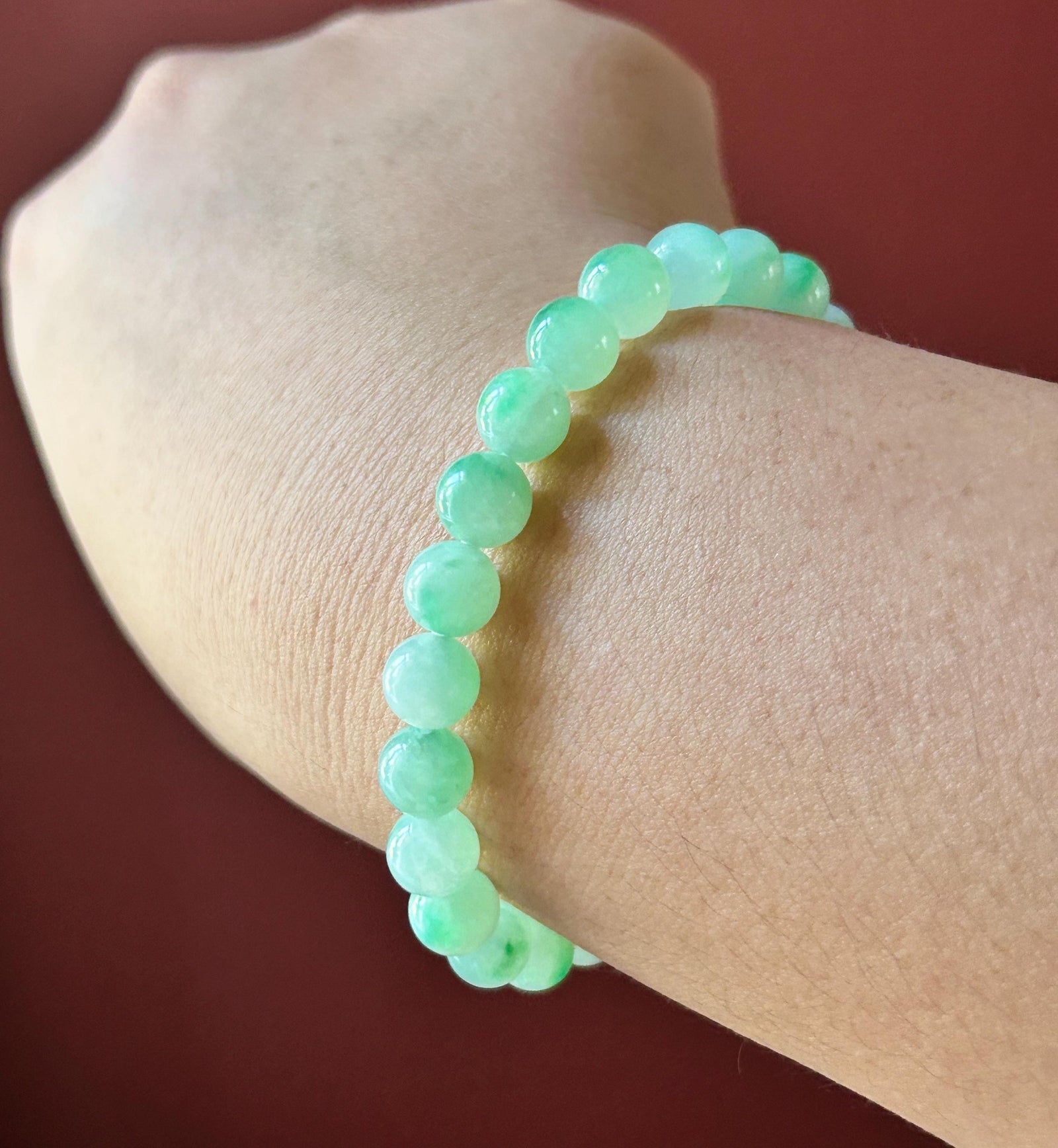 Natural Jadeite Beaded Bracelet, Burmese Type A Highly Translucent Icy Apple Green & Vivid-Green Floral Jade Beads, 7.6mm