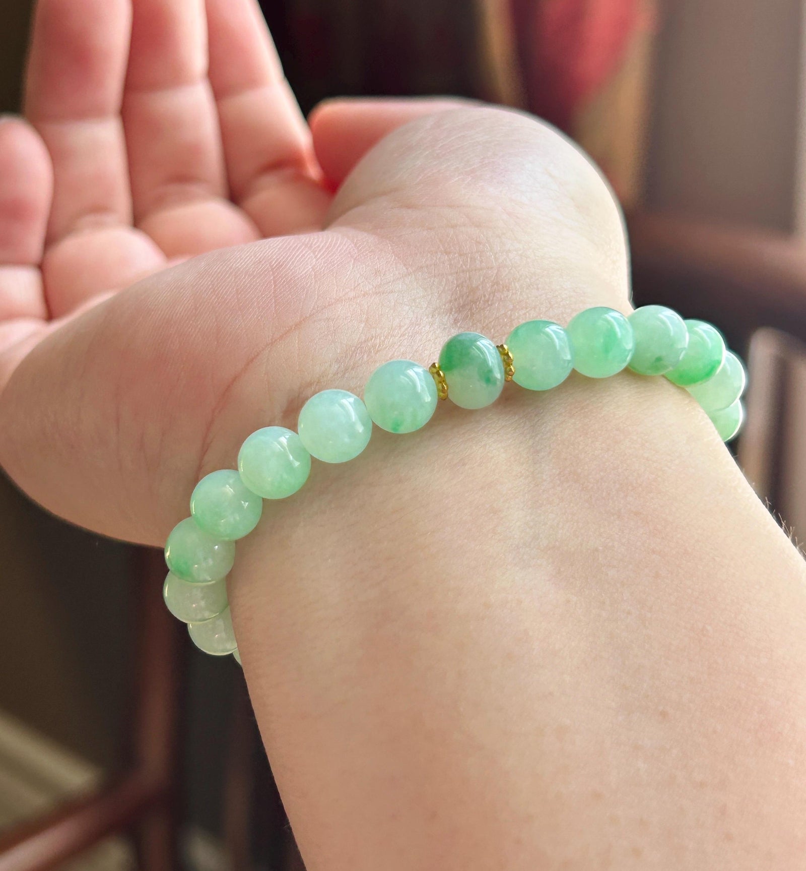Natural Jadeite Beaded Bracelet, Burmese Type A Highly Translucent Icy Apple Green & Vivid-Green Floral Jade Beads, 7.6mm