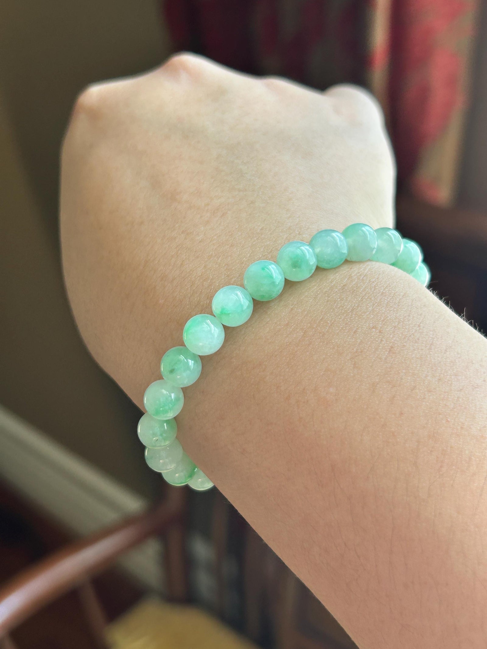 Natural Jadeite Beaded Bracelet, Burmese Type A Highly Translucent Icy Apple Green & Vivid-Green Floral Jade Beads, 7.6mm