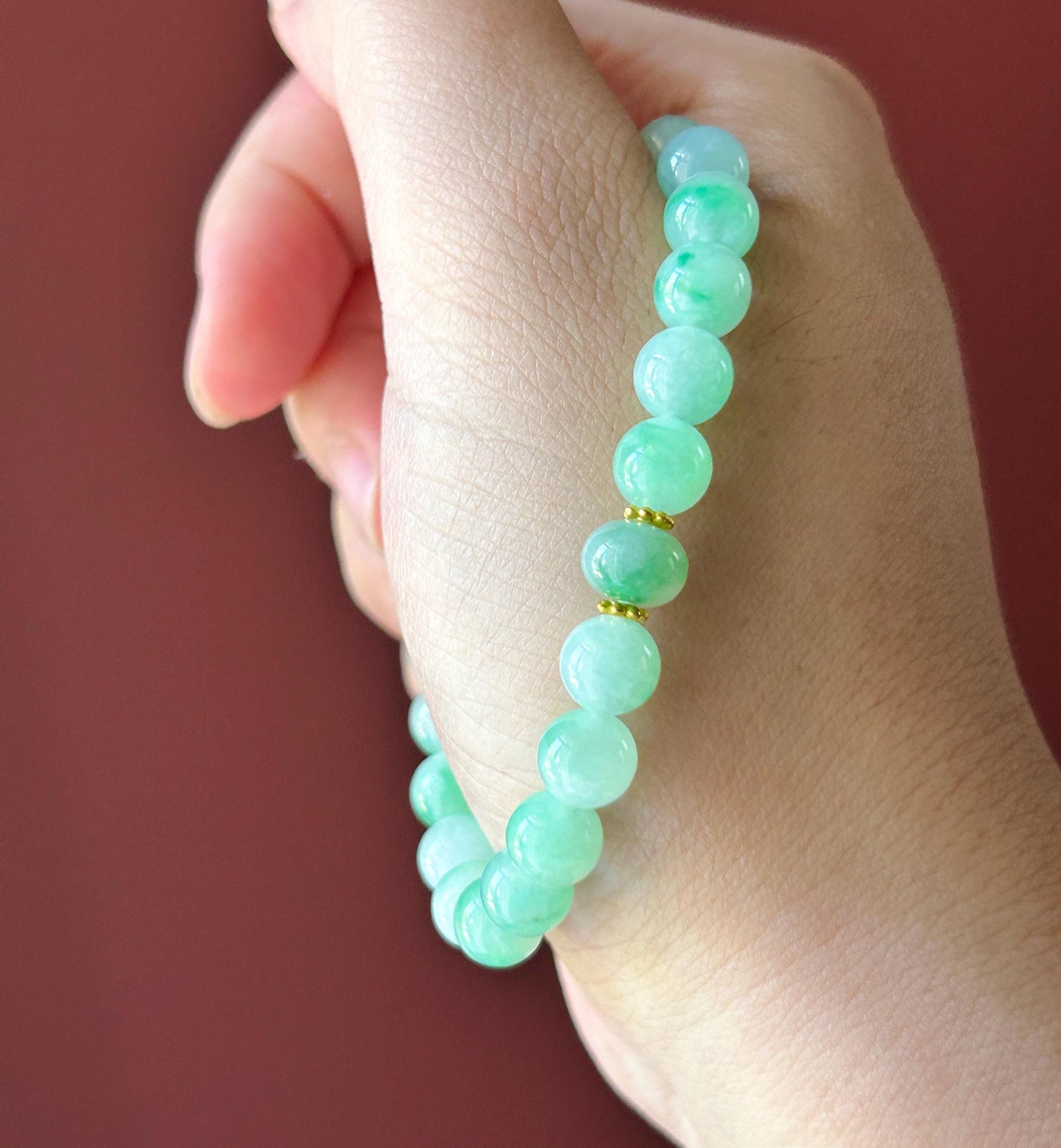 Natural Jadeite Beaded Bracelet, Burmese Type A Highly Translucent Icy Apple Green & Vivid-Green Floral Jade Beads, 7.6mm