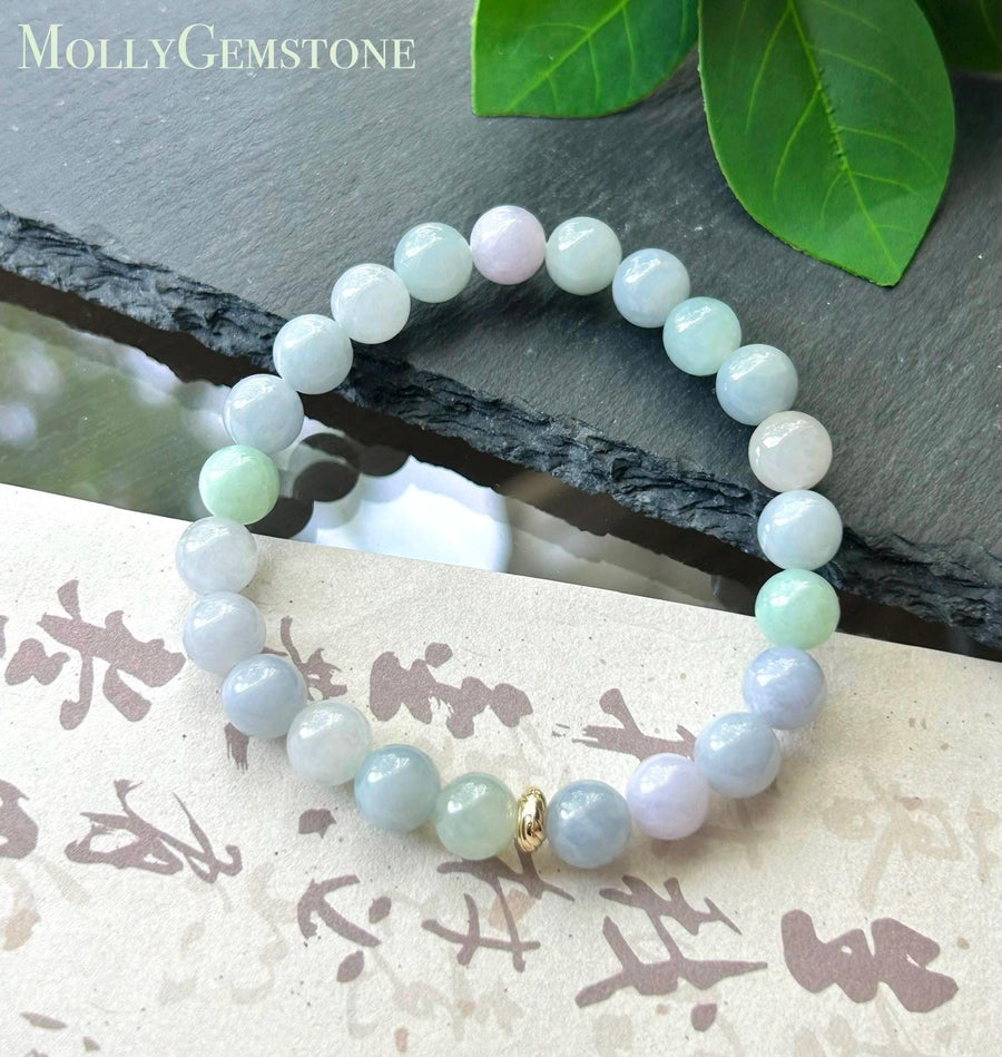 Natural Jadeite Beaded Bracelet, Burmese Type A Untreated Fine Glutinous Icy Macaron Pastel Multicolor Jade, 8mm