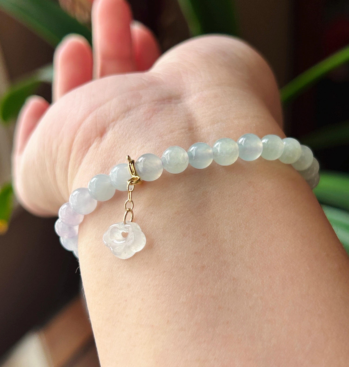 Natural Jadeite Beaded Bracelet, Burmese Type A Highly Translucent Icy Light Pinkish Lavender & Pale Green Gradient Multicolor Jade, 6mm