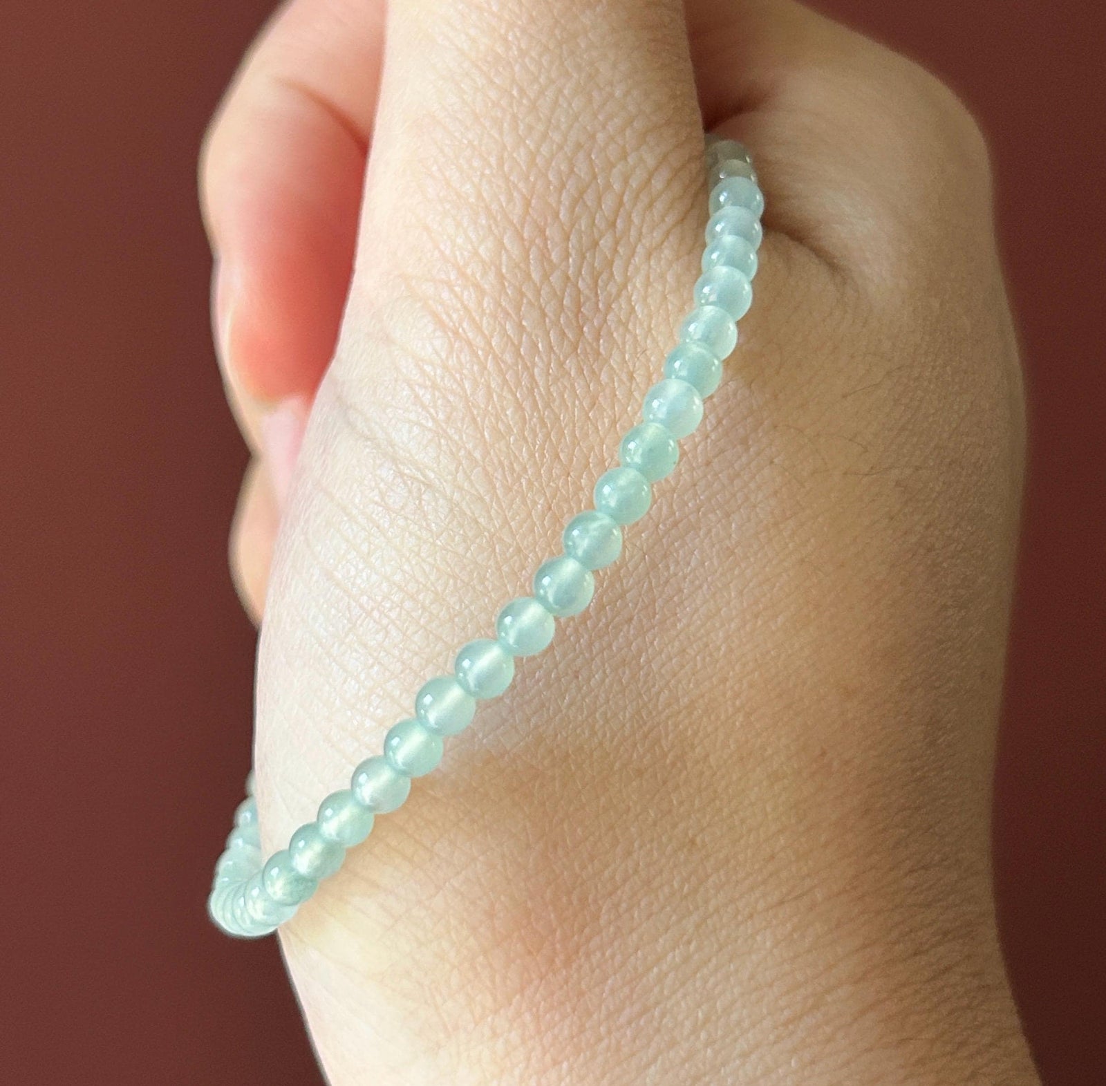 Natural Jadeite Beaded Bracelet, Burmese Type A Highly Translucent Icy Pale Mint Green Jade, 3.6mm, Minimalist Jewelry