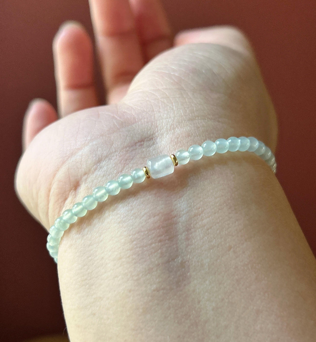 Natural Jadeite Beaded Bracelet, Burmese Type A Highly Translucent Icy Pale Mint Green Jade, 3.6mm, Minimalist Jewelry