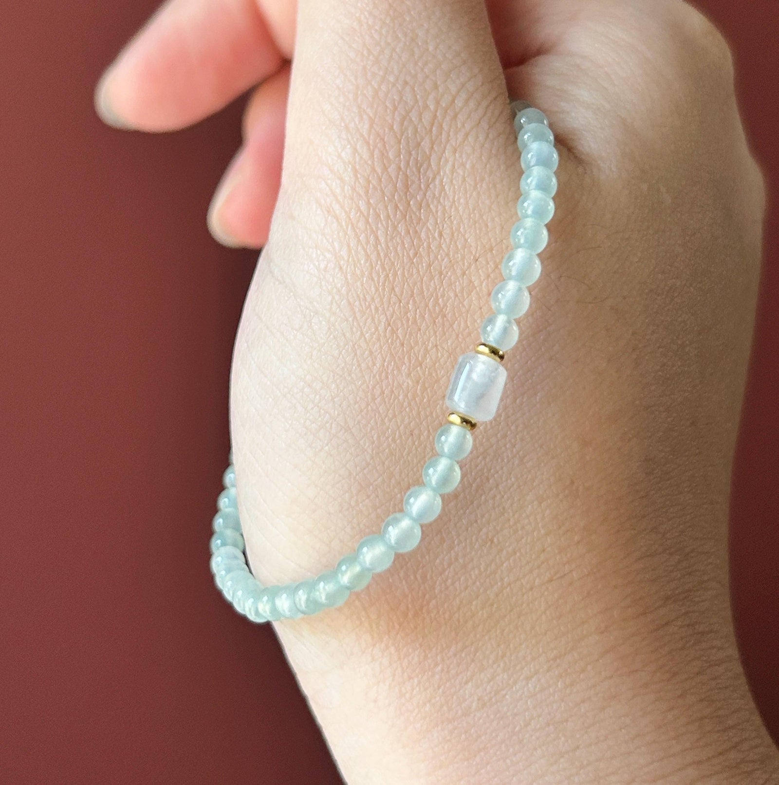 Natural Jadeite Beaded Bracelet, Burmese Type A Highly Translucent Icy Pale Mint Green Jade, 3.6mm, Minimalist Jewelry