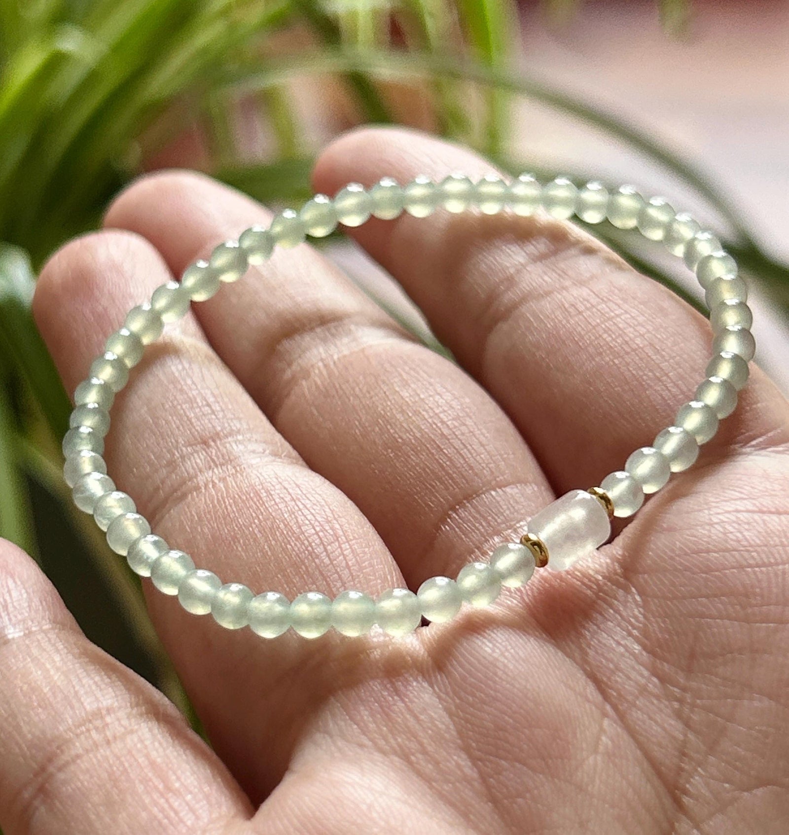 Natural Jadeite Beaded Bracelet, Burmese Type A Highly Translucent Icy Pale Mint Green Jade, 3.6mm, Minimalist Jewelry
