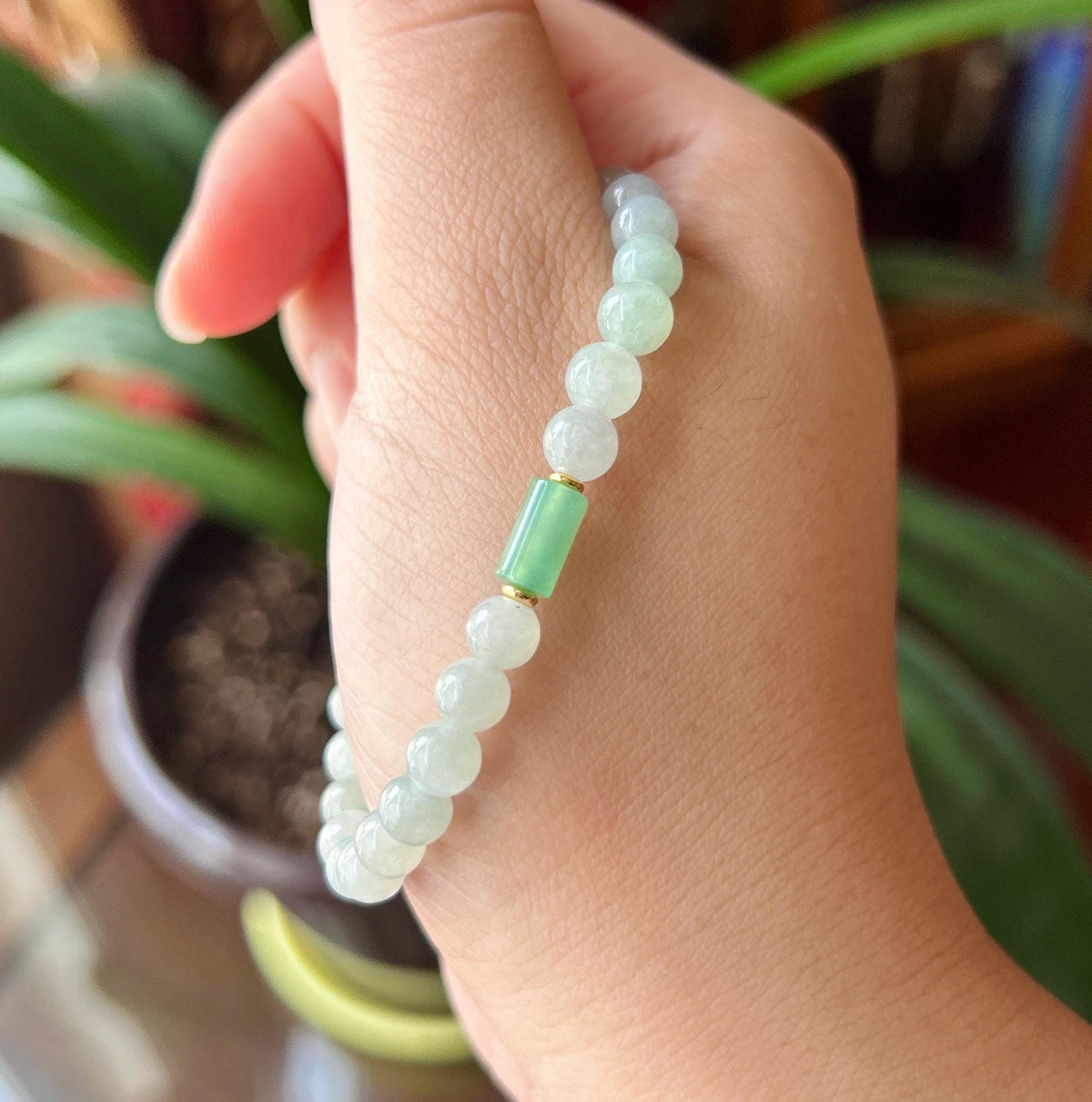 Natural Jadeite Beaded Bracelet, Burmese Type A Translucent Icy Pale Green & White Jade with Spicy Green Lulutong Focal, 5.8mm