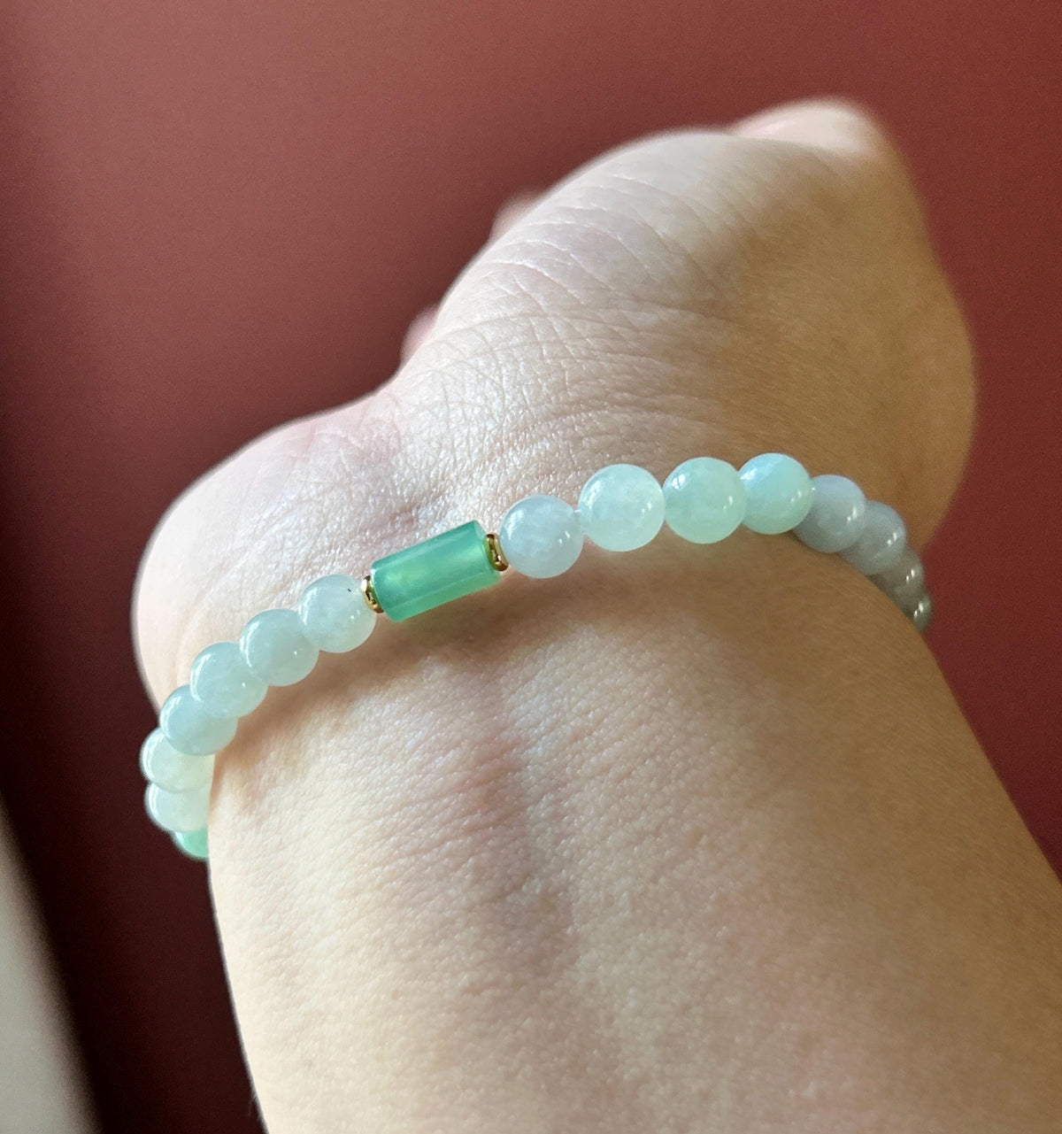 Natural Jadeite Beaded Bracelet, Burmese Type A Translucent Icy Pale Green & White Jade with Spicy Green Lulutong Focal, 5.8mm