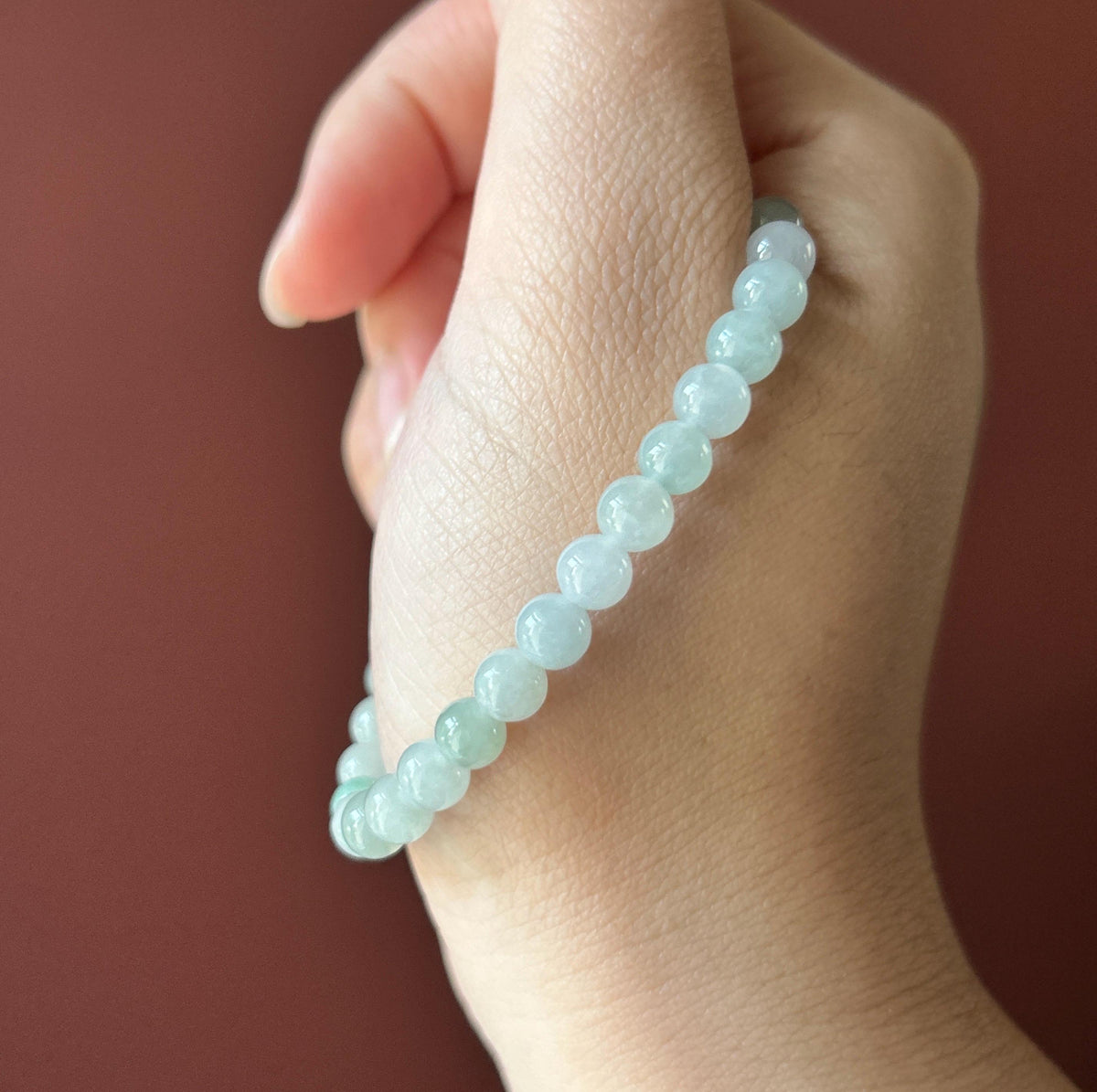 Natural Jadeite Beaded Bracelet, Burmese Type A Translucent Icy Pale Green & White Jade with Spicy Green Lulutong Focal, 5.8mm