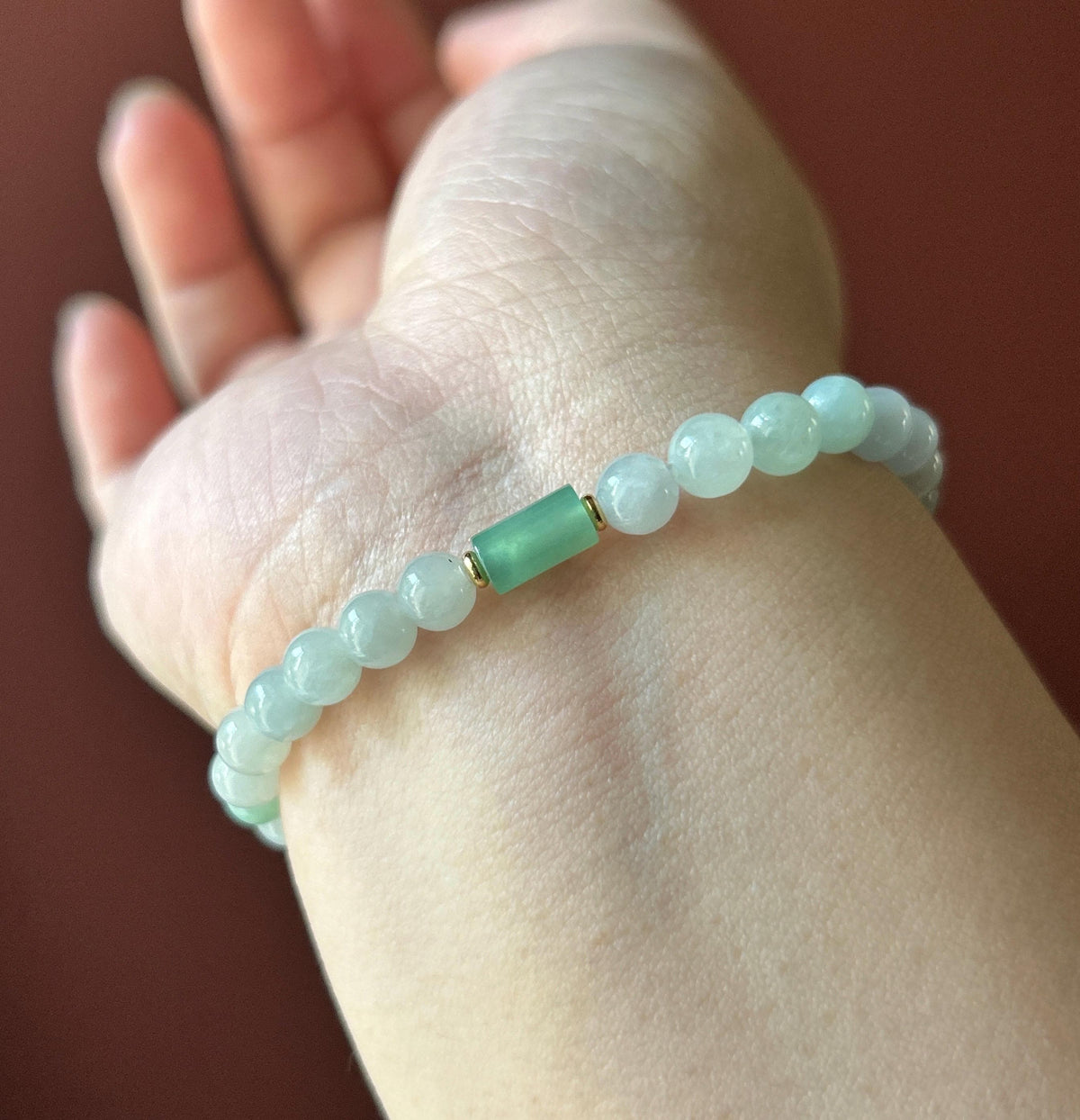 Natural Jadeite Beaded Bracelet, Burmese Type A Translucent Icy Pale Green & White Jade with Spicy Green Lulutong Focal, 5.8mm