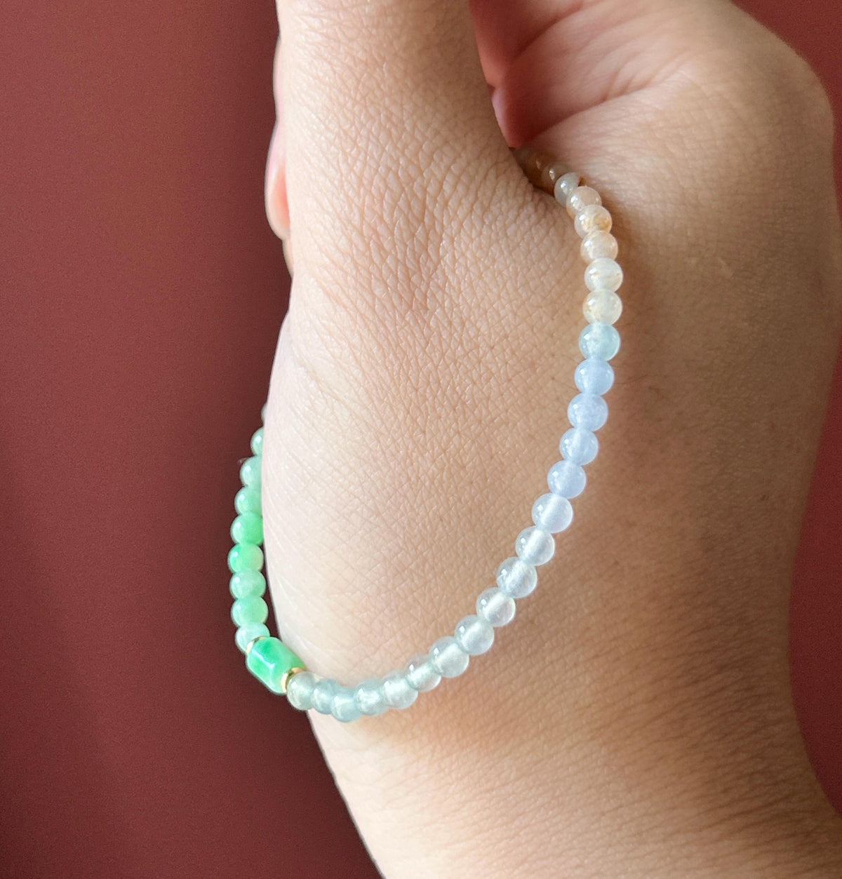 Natural Jadeite Beaded Bracelet, Burmese Type A Highly Translucent Icy Rainbow Vivid Gradient Multicolor Jade, 3.7mm