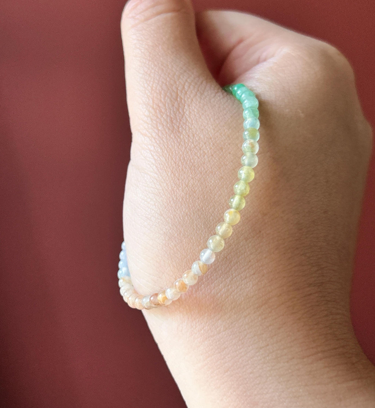 Natural Jadeite Beaded Bracelet, Burmese Type A Highly Translucent Icy Rainbow Vivid Gradient Multicolor Jade, 3.7mm