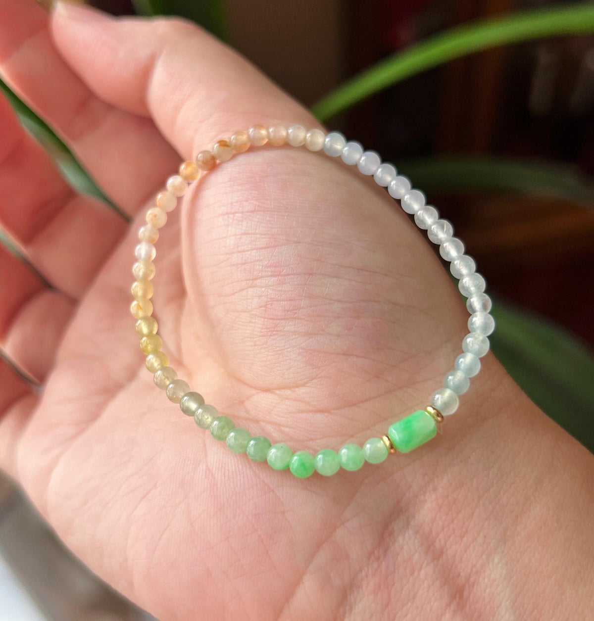 Natural Jadeite Beaded Bracelet, Burmese Type A Highly Translucent Icy Rainbow Vivid Gradient Multicolor Jade, 3.7mm