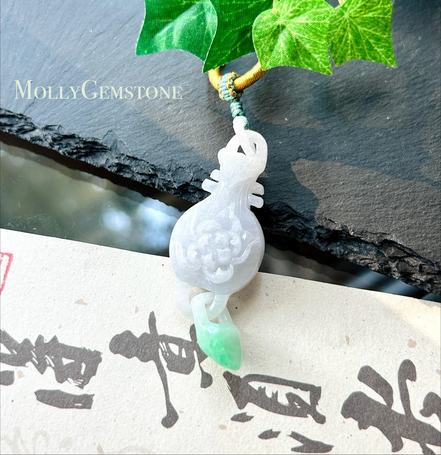 Natural Jadeite Friendship Pendant Handwoven Necklace Burmese Type A Fine Glutinous Icy white & Vivid Green Jade Hand-Carved