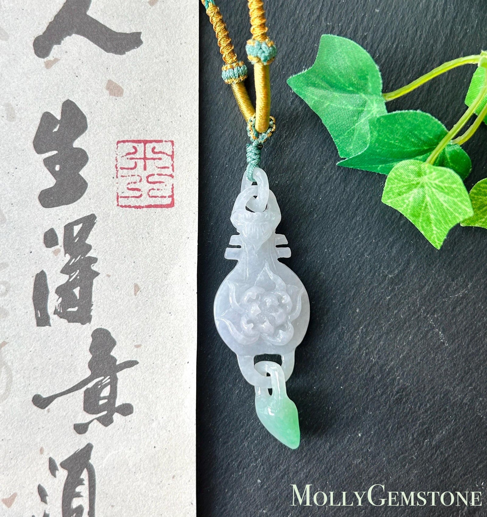 Natural Jadeite Friendship Pendant Handwoven Necklace Burmese Type A Fine Glutinous Icy white & Vivid Green Jade Hand-Carved