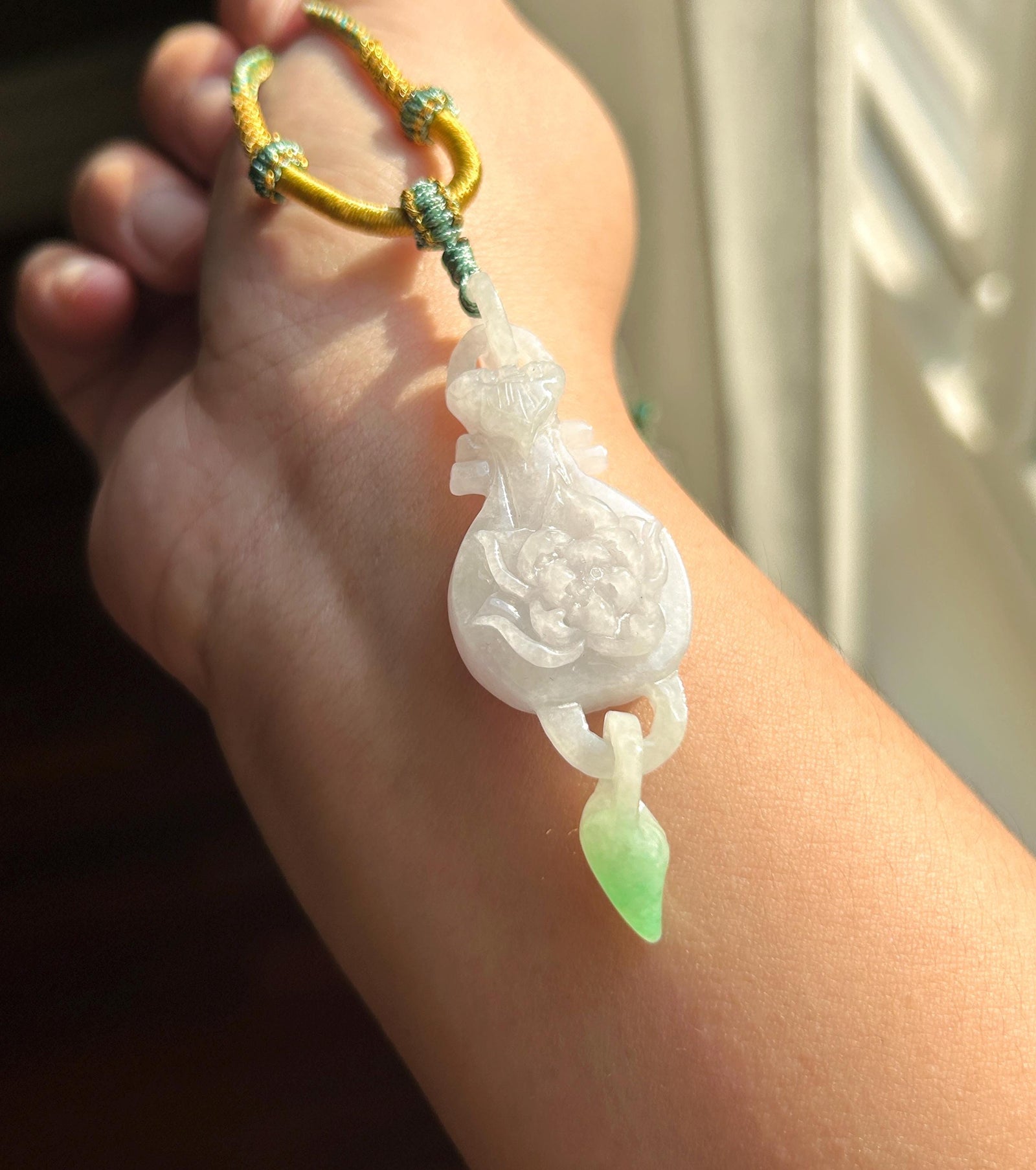 Natural Jadeite Friendship Pendant Handwoven Necklace Burmese Type A Fine Glutinous Icy white & Vivid Green Jade Hand-Carved
