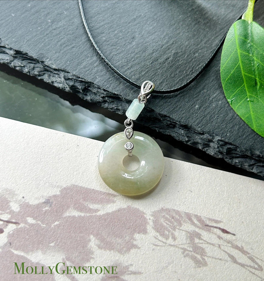 Natural Jadeite Donut Pendant - Burmese Type A Icy Translucent Pale Tea Yellow & White Jade, Sterling Silver