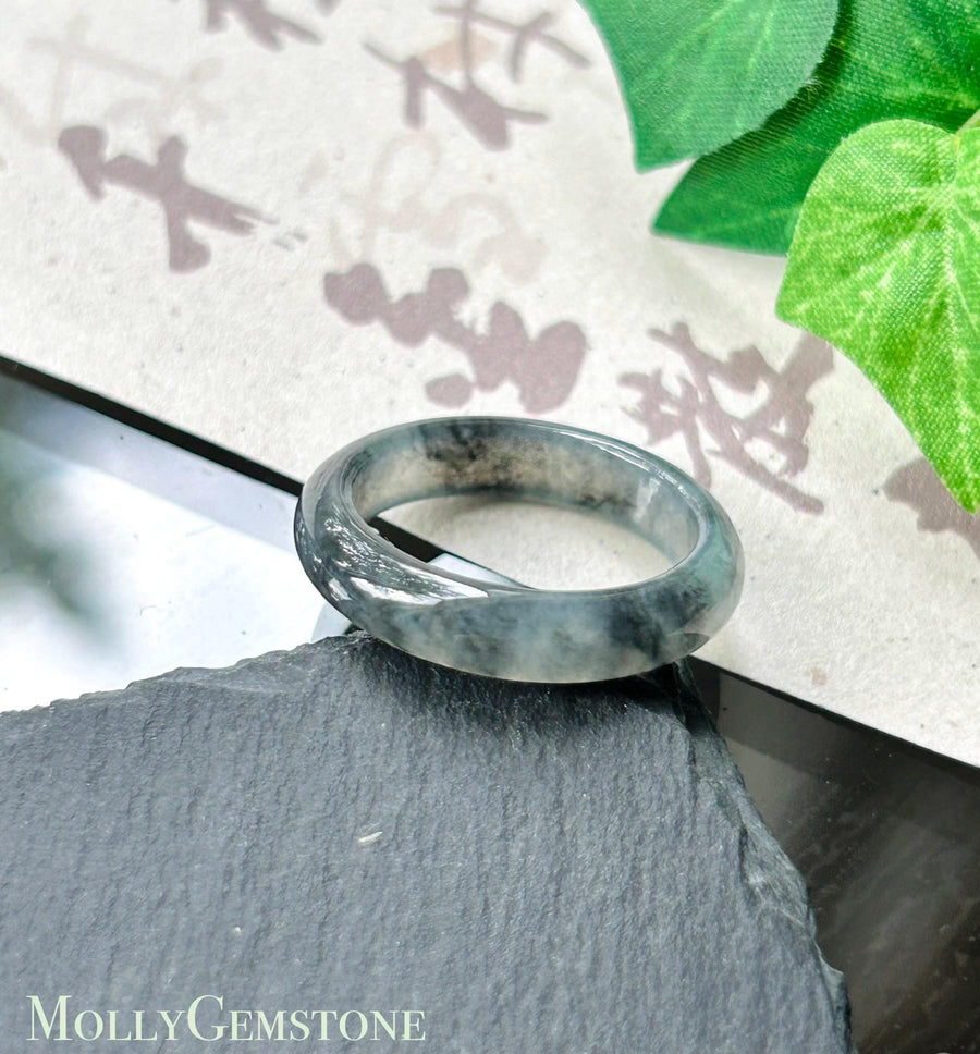 Natural Jadeite Band Ring | Burmese Type A Highly Translucent Icy Wuji Black Floral Jade | US 7.25 |17.5mm