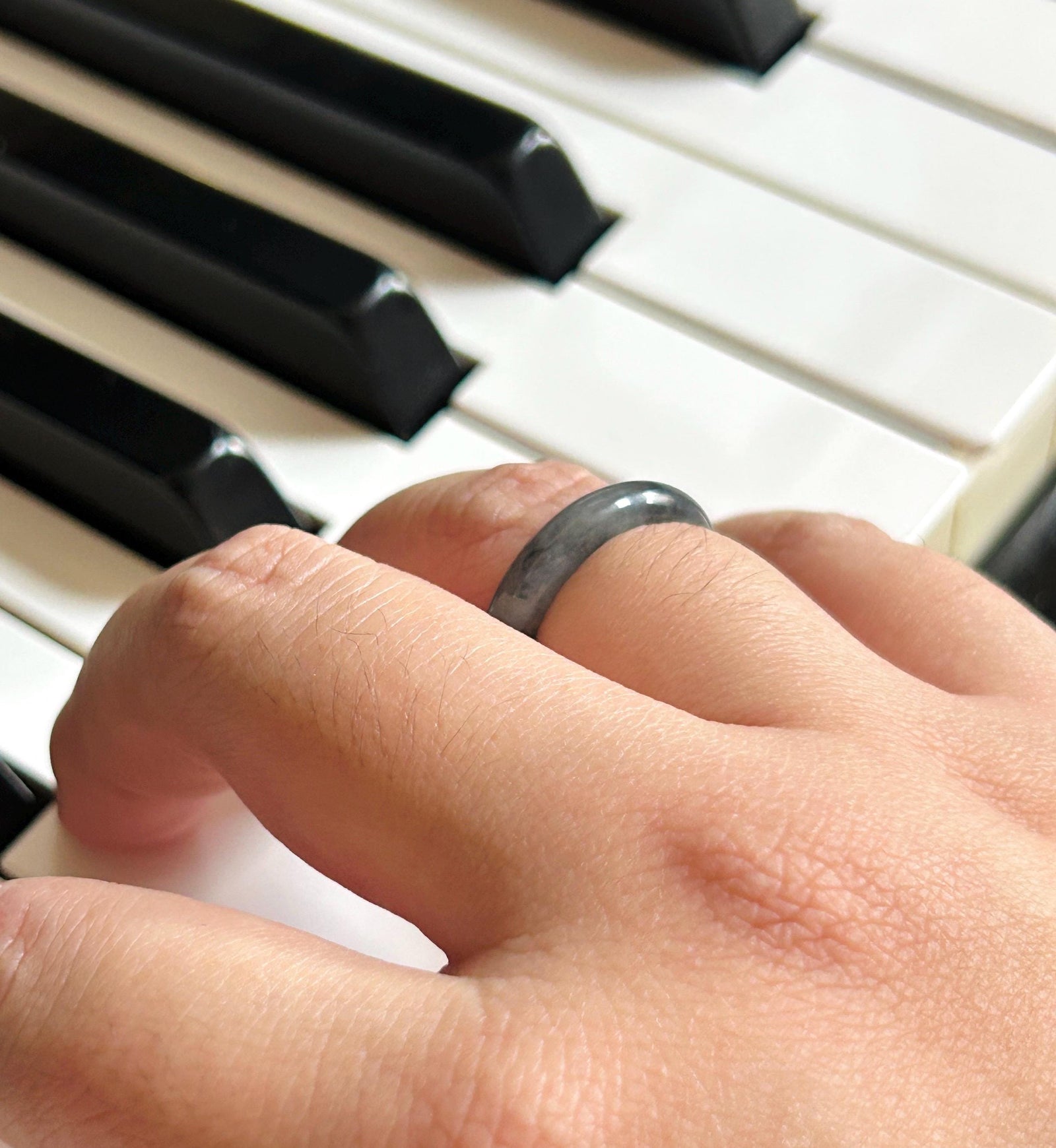 Natural Jadeite Band Ring | Burmese Type A Highly Translucent Icy Wuji Black Floral Jade | US 7.25 |17.5mm