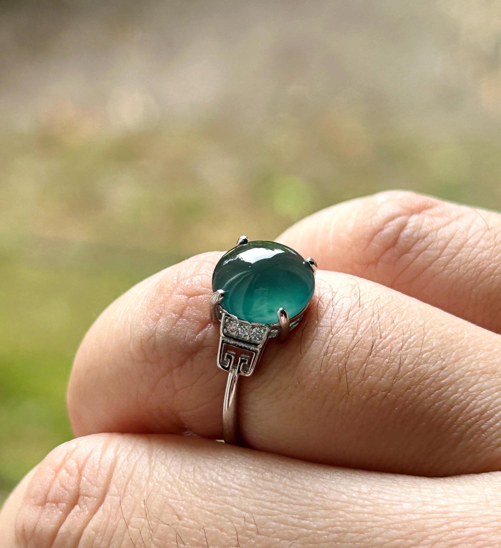 Natural Jadeite Adjustable Ring Guatemalan Type A Highly Translucent Icy Deep Teal Blue Oval Cabochon Jade | Sterling Silver