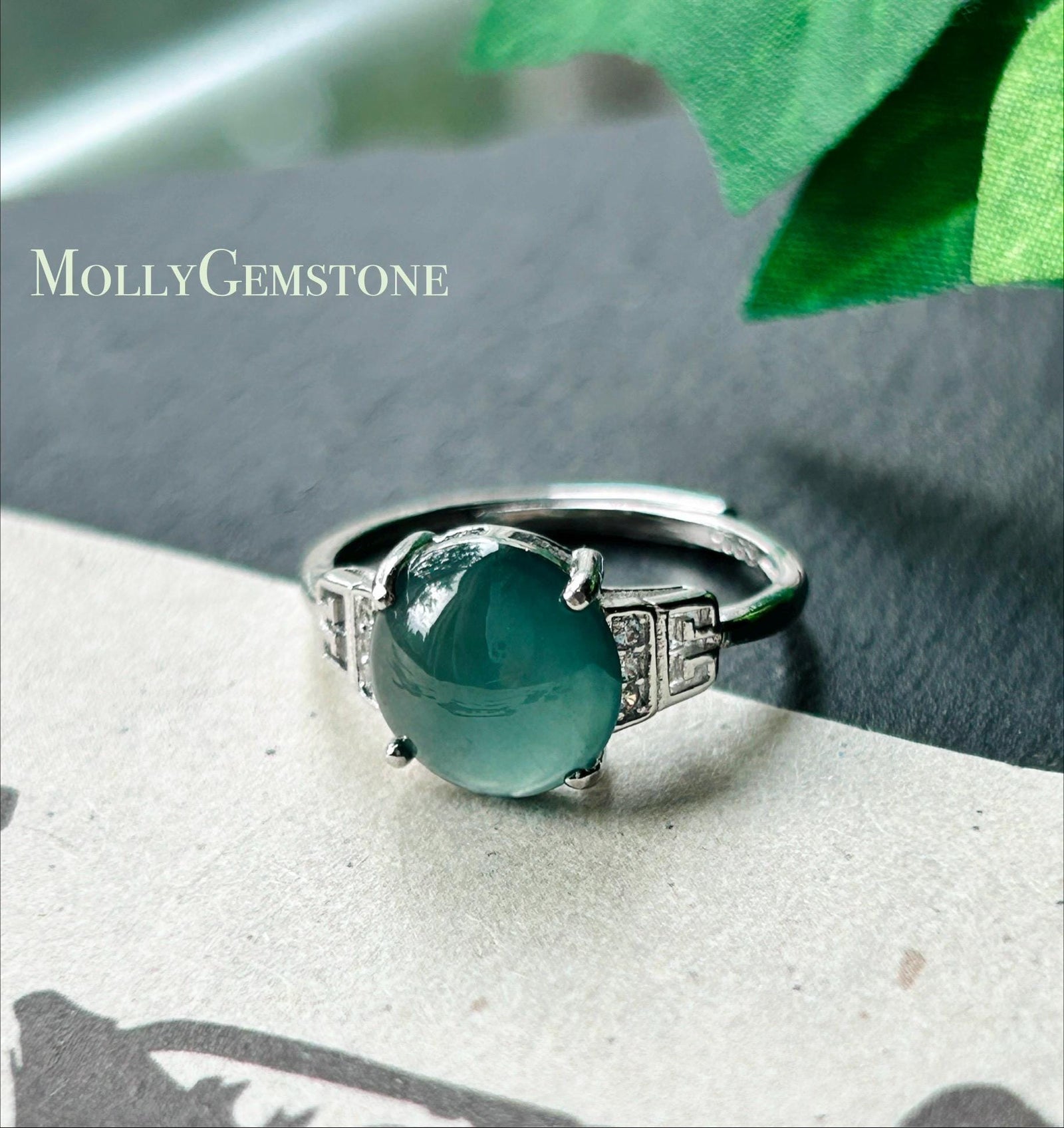 Natural Jadeite Adjustable Ring Guatemalan Type A Highly Translucent Icy Deep Teal Blue Oval Cabochon Jade | Sterling Silver