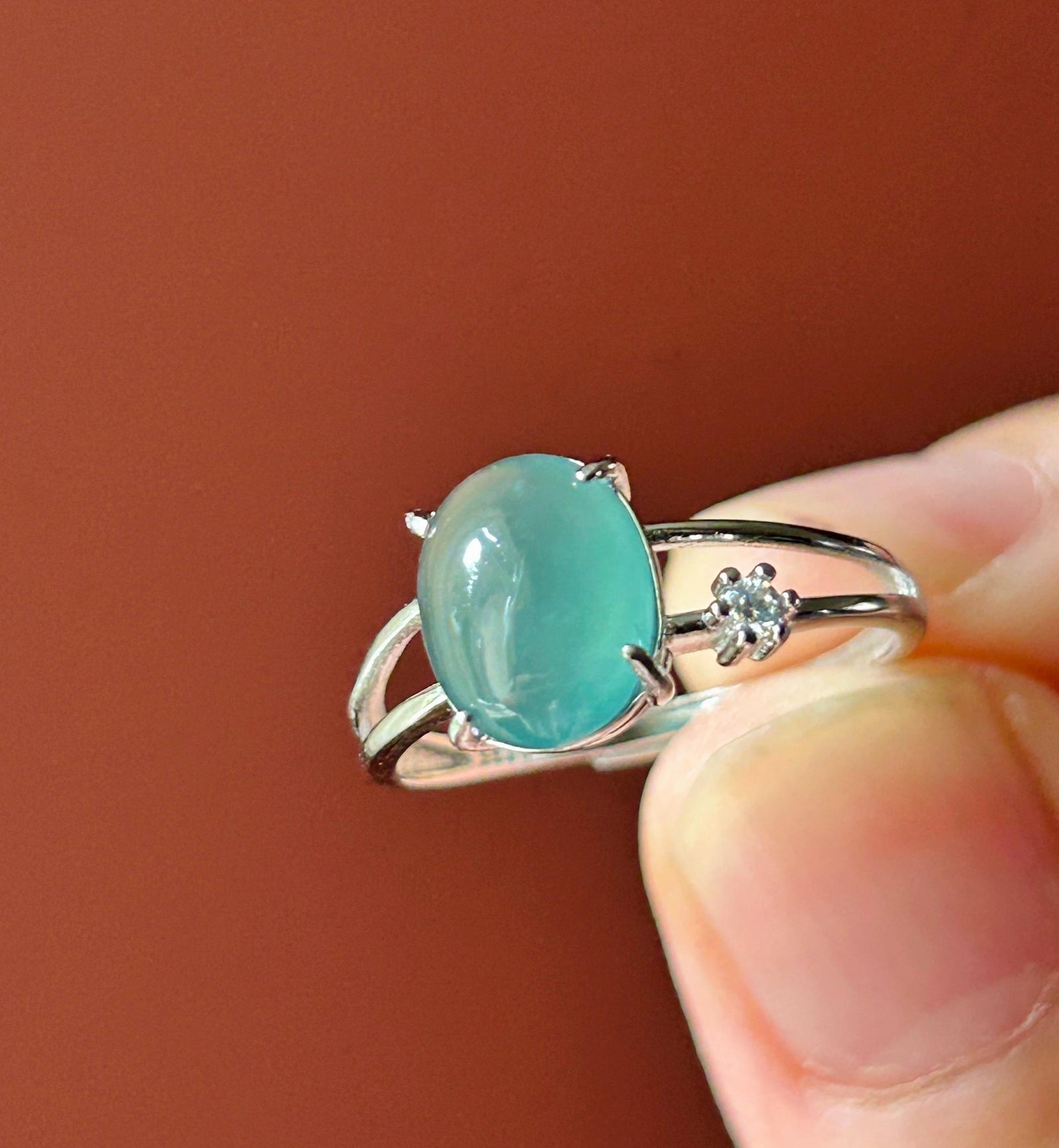 Natural Jadeite Adjustable Ring Guatemalan Type A Highly Translucent Icy Teal Blue Oval Cabochon Jade | Sterling Silver