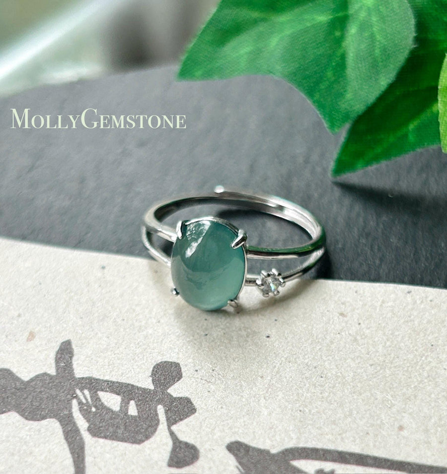 Natural Jadeite Adjustable Ring Guatemalan Type A Highly Translucent Icy Teal Blue Oval Cabochon Jade | Sterling Silver