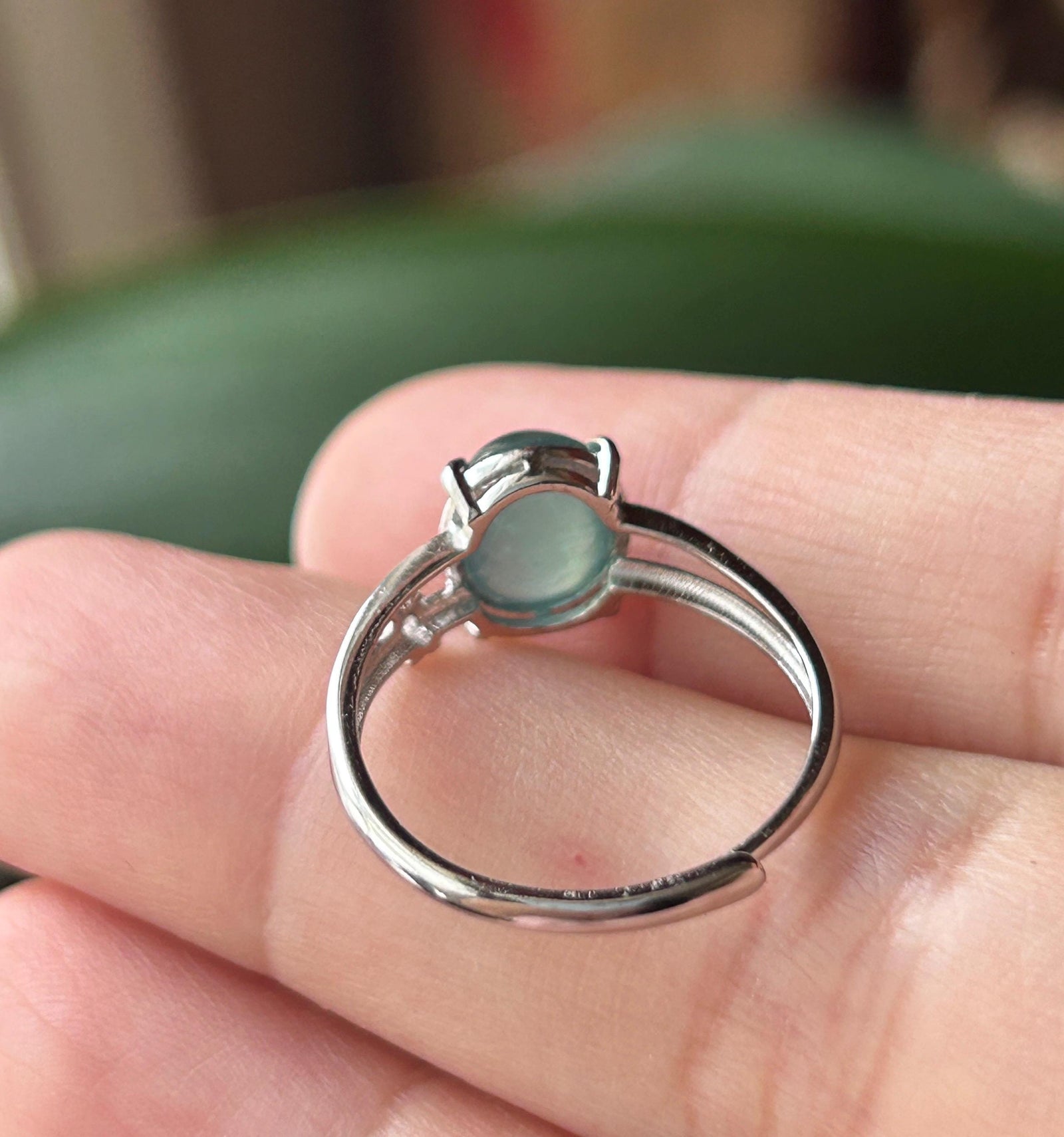 Natural Jadeite Adjustable Ring Guatemalan Type A Highly Translucent Icy Teal Blue Oval Cabochon Jade | Sterling Silver