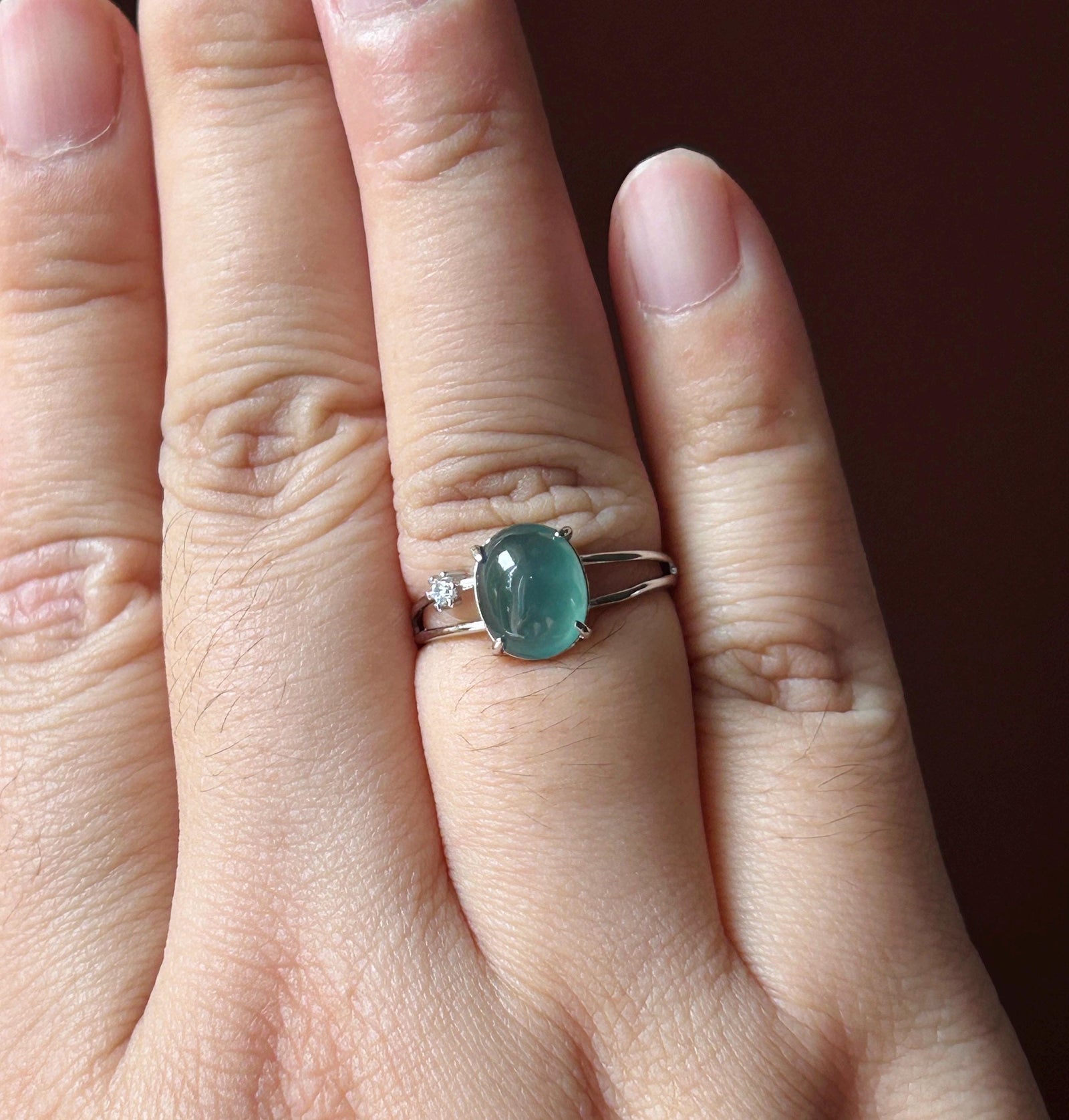 Natural Jadeite Adjustable Ring Guatemalan Type A Highly Translucent Icy Teal Blue Oval Cabochon Jade | Sterling Silver