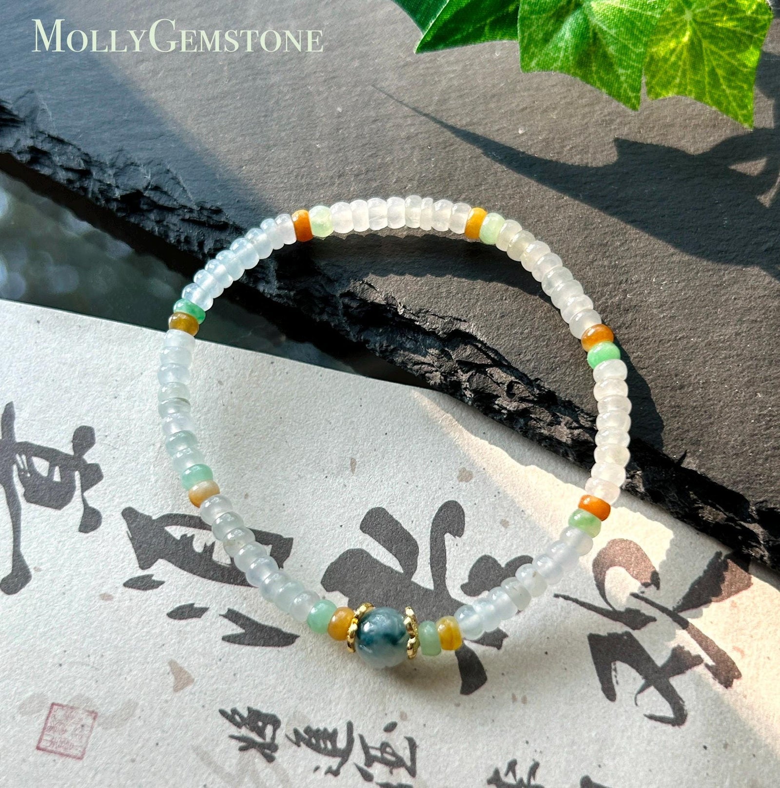 Natural Jadeite Beaded Bracelet Burmese Type A Highly Translucent Icy White, Green & Yellow Abacus Jade Beads 4mm