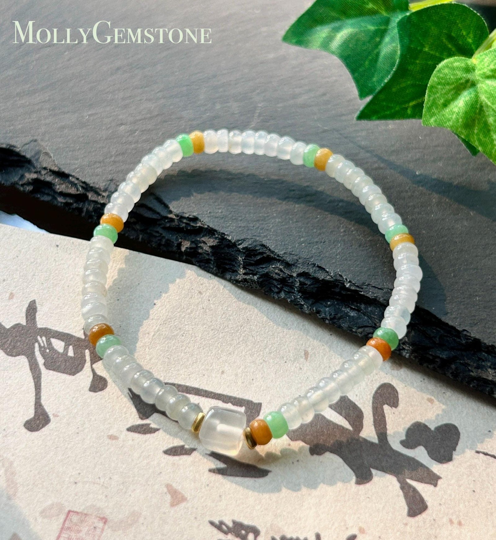 Natural Jadeite Beaded Bracelet Burmese Type A Highly Translucent Icy White, Green & Yellow Abacus Jade Beads 4mm