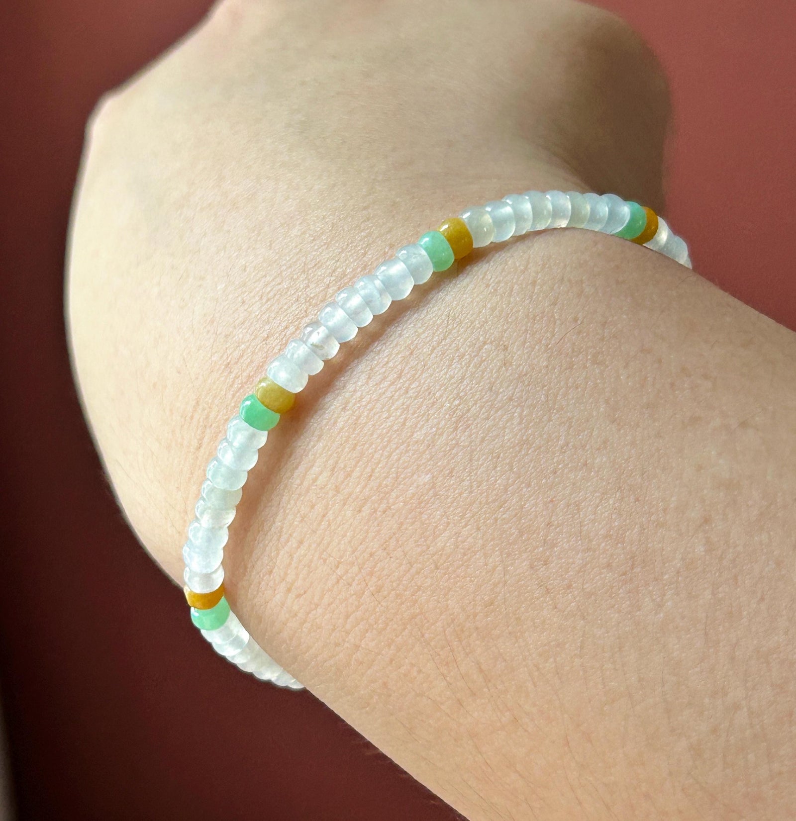 Natural Jadeite Beaded Bracelet Burmese Type A Highly Translucent Icy White, Green & Yellow Abacus Jade Beads 4mm