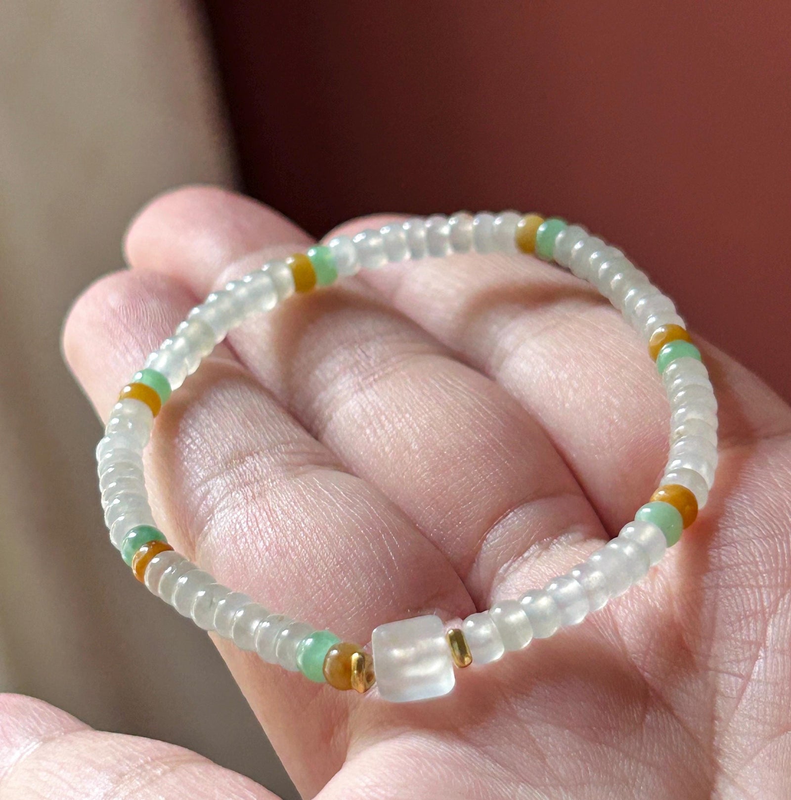 Natural Jadeite Beaded Bracelet Burmese Type A Highly Translucent Icy White, Green & Yellow Abacus Jade Beads 4mm
