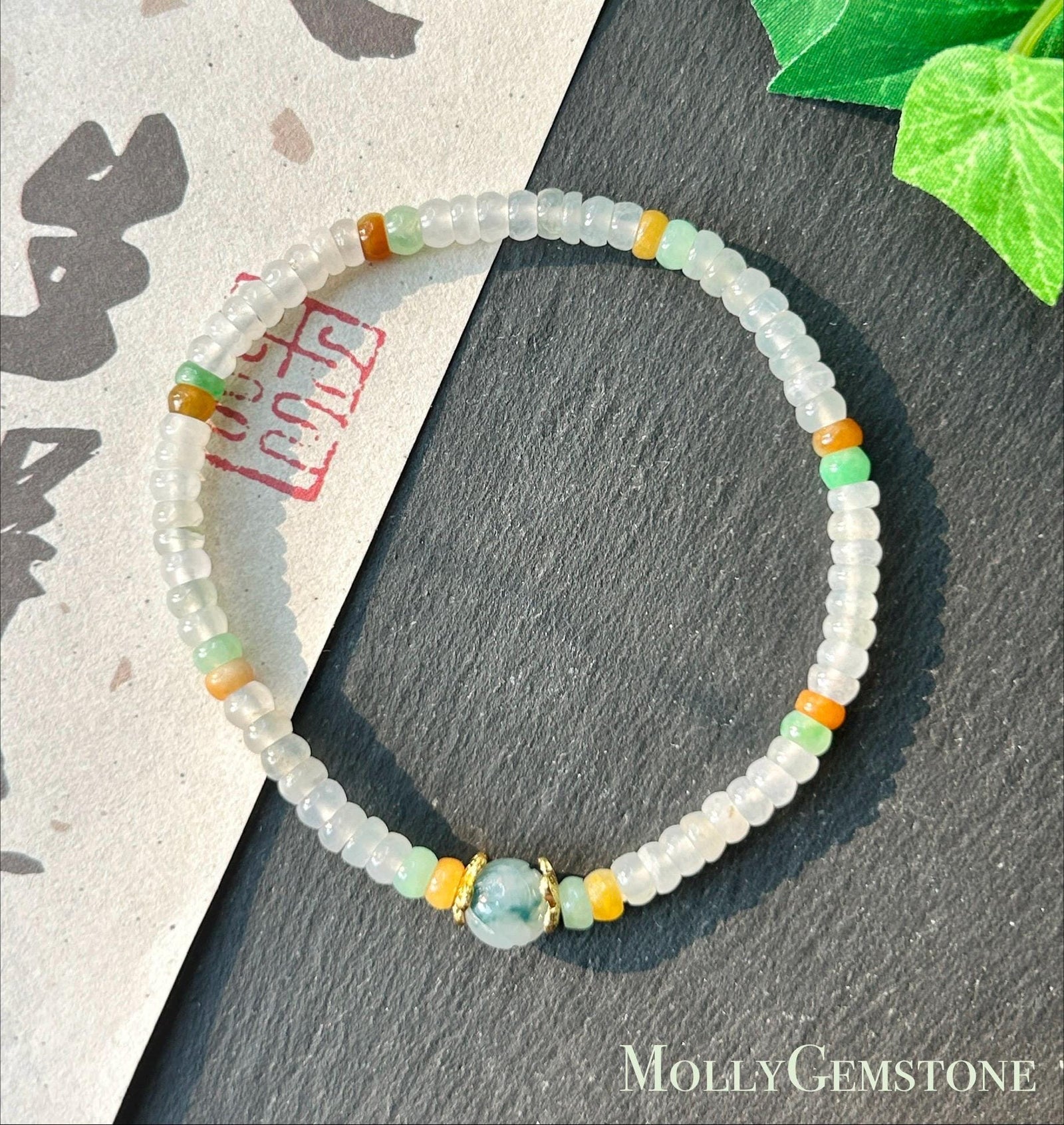 Natural Jadeite Beaded Bracelet Burmese Type A Highly Translucent Icy White, Green & Yellow Abacus Jade Beads 4mm