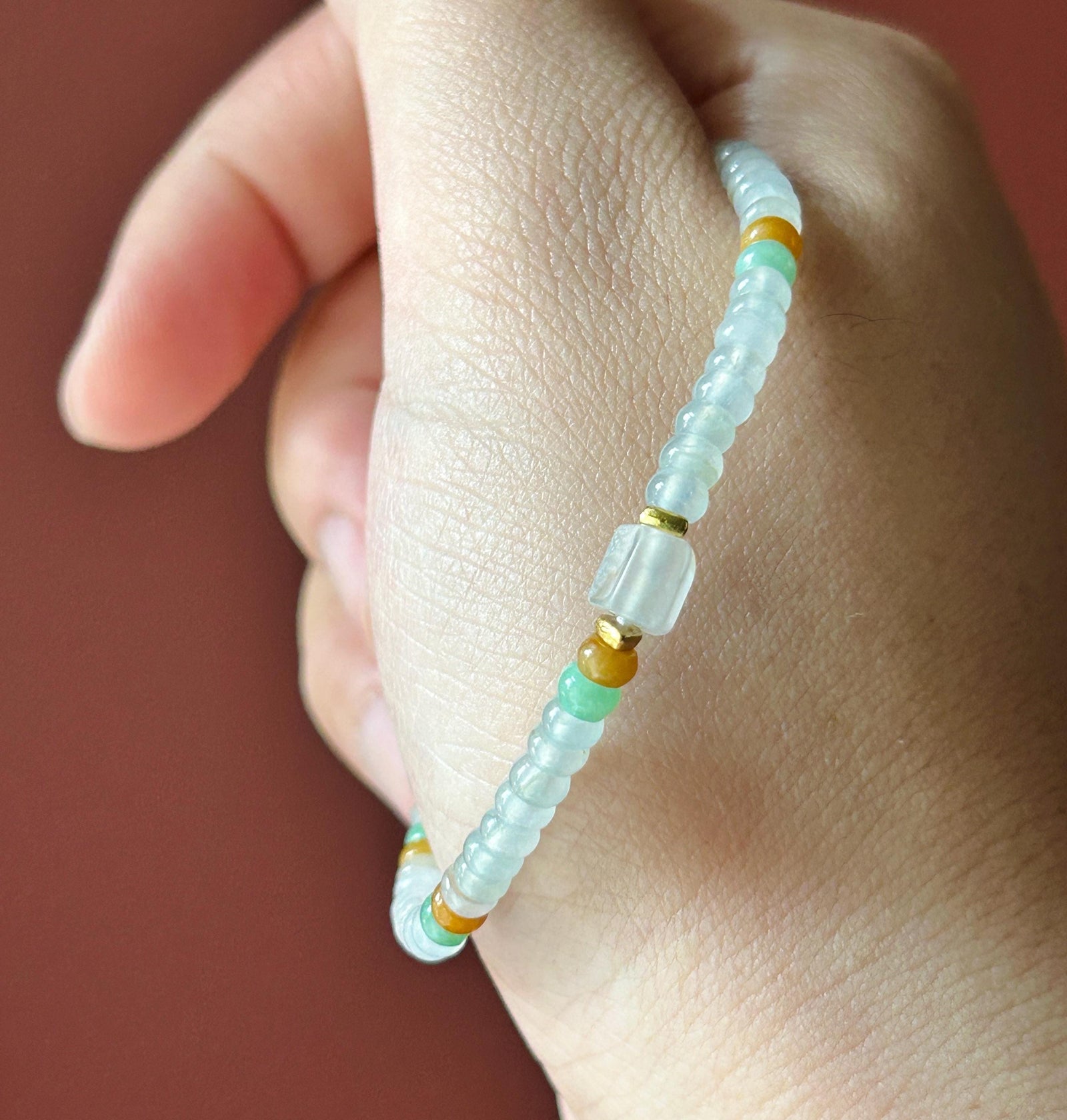 Natural Jadeite Beaded Bracelet Burmese Type A Highly Translucent Icy White, Green & Yellow Abacus Jade Beads 4mm