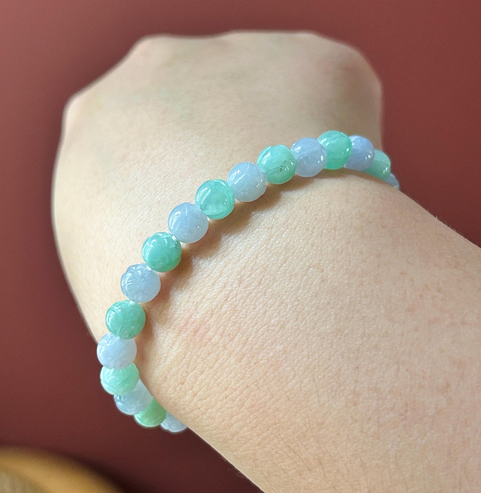 Natural Jadeite Beaded Bracelet Burmese Type A Translucent Icy Apple Green & Pale Lavender Jade Rounded Lotus Beads 6.8mm